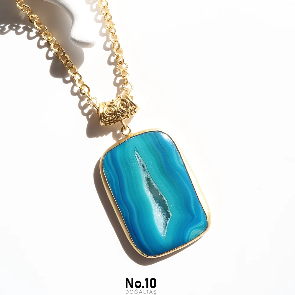 Mavi Akik Druzy Form Kolye Ucu (Zinciri Hediye)