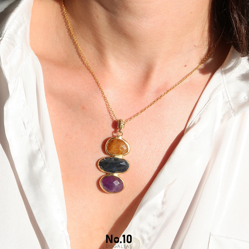 Sitrin Labradorit Ametist Doğal Taşlı Kolye (Zincir Hediye)