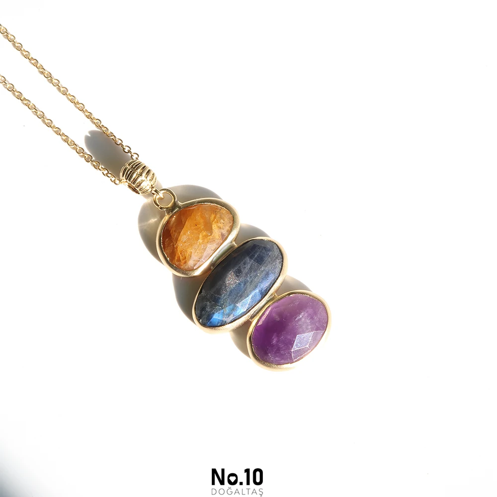 Sitrin Labradorit Ametist Doğal Taşlı Kolye (Zincir Hediye)