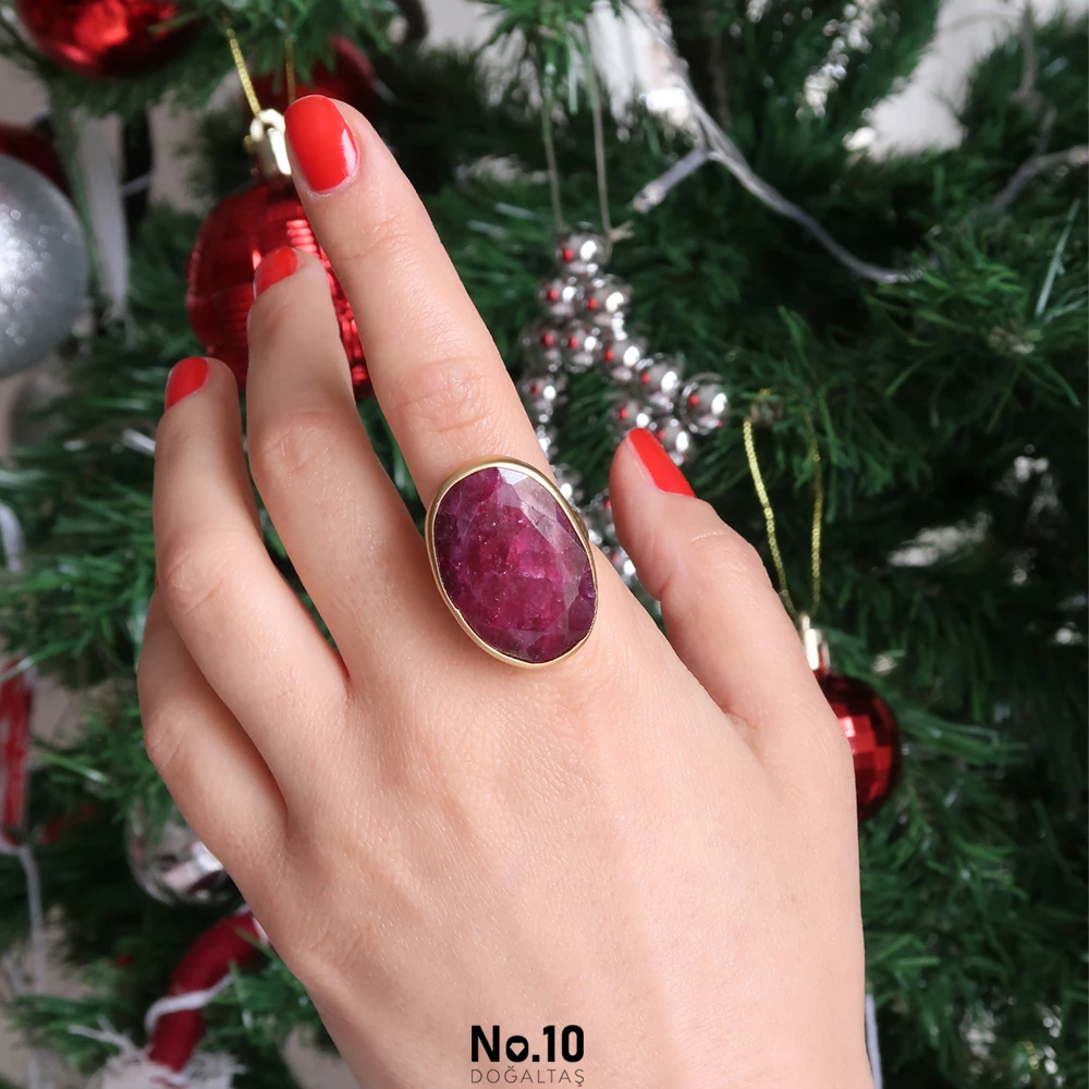 Yakut Doğal Taşlı Mat Altın Kaplama Yüzük(İri Boy)