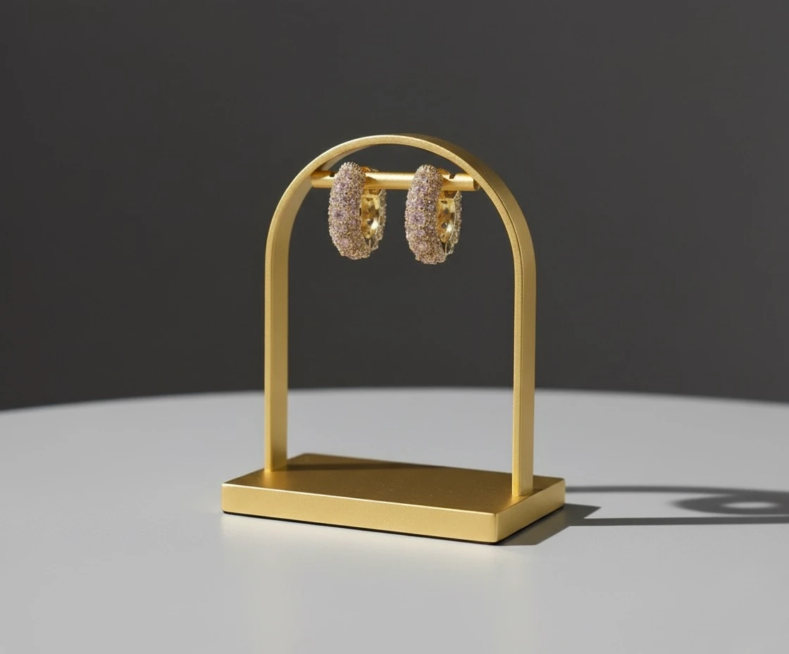 Altın Tonlu Pembe & Beyaz Taşlı Halka Küpe – Çoklu Taşlı Işıltılı Tasarım