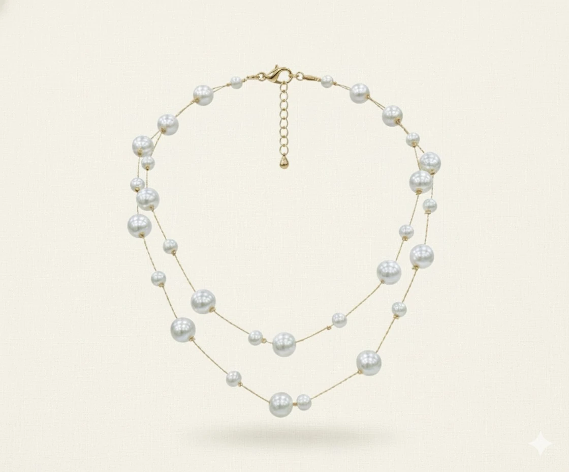 Misty İki Katlı İnci Kolye – Altın Sarısı Zincirli, Zarif Tasarım