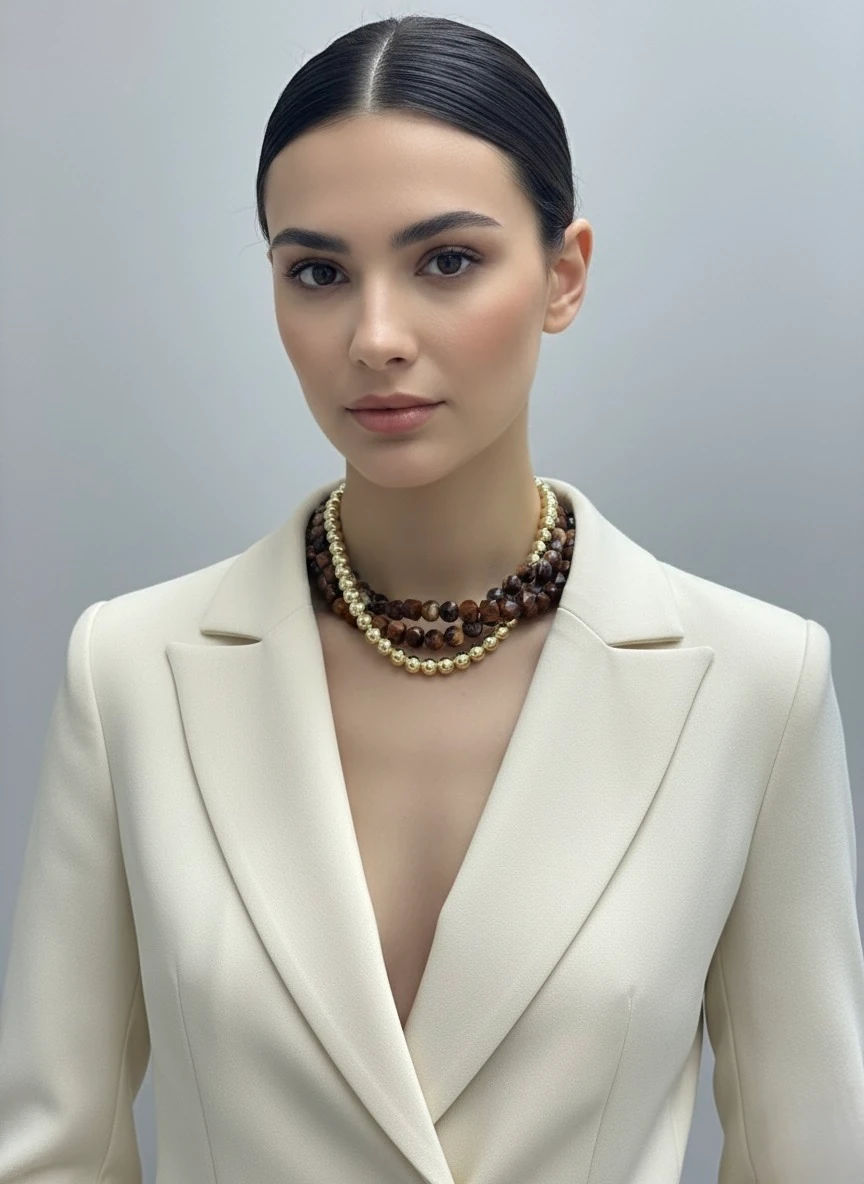 Amber Statement Layer Kolye – Üç Sıra Katmanlı Doğal Taş Tasarım