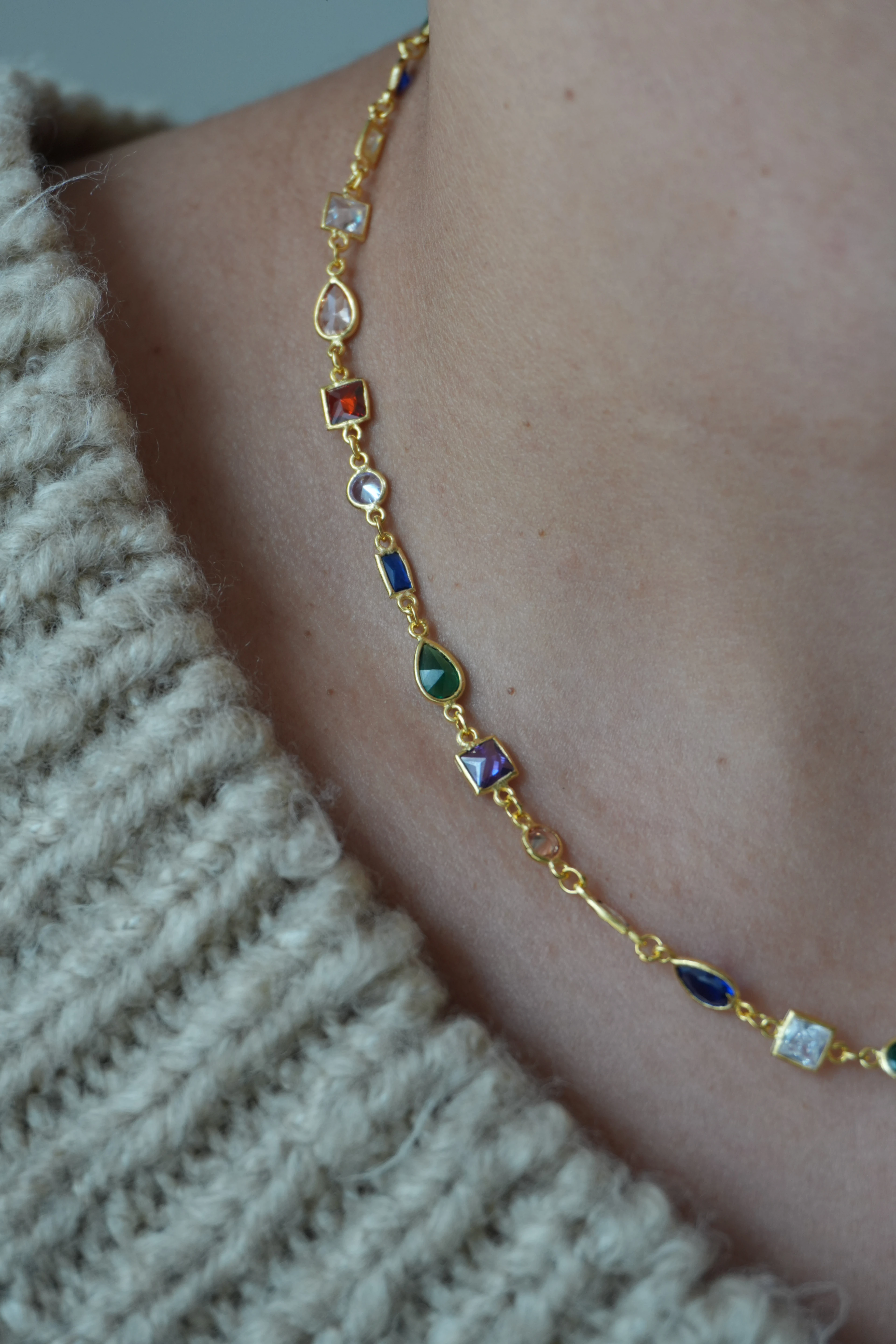 Renkli Asimetrik Taşlı Kolye | 925 Ayar Gümüş