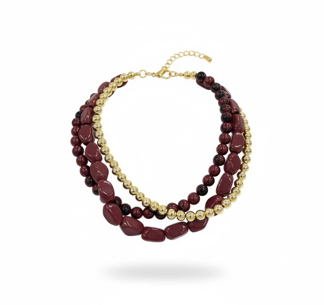 Amber Statement Layer Kolye – Üç Sıra Katmanlı Doğal Taş Tasarım