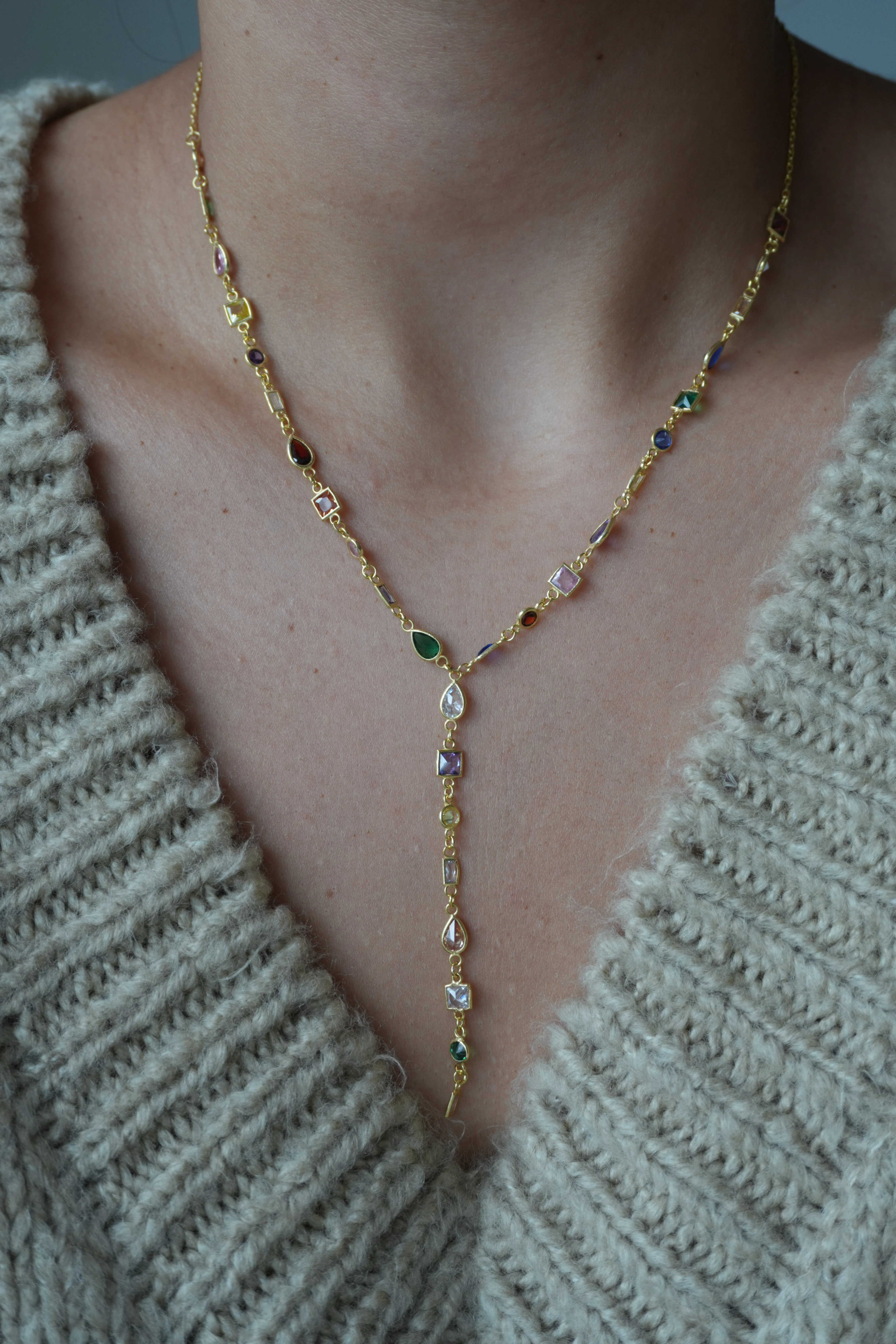 Renkli Asimetrik Taşlı Y Kolye | 925 Ayar Gümüş