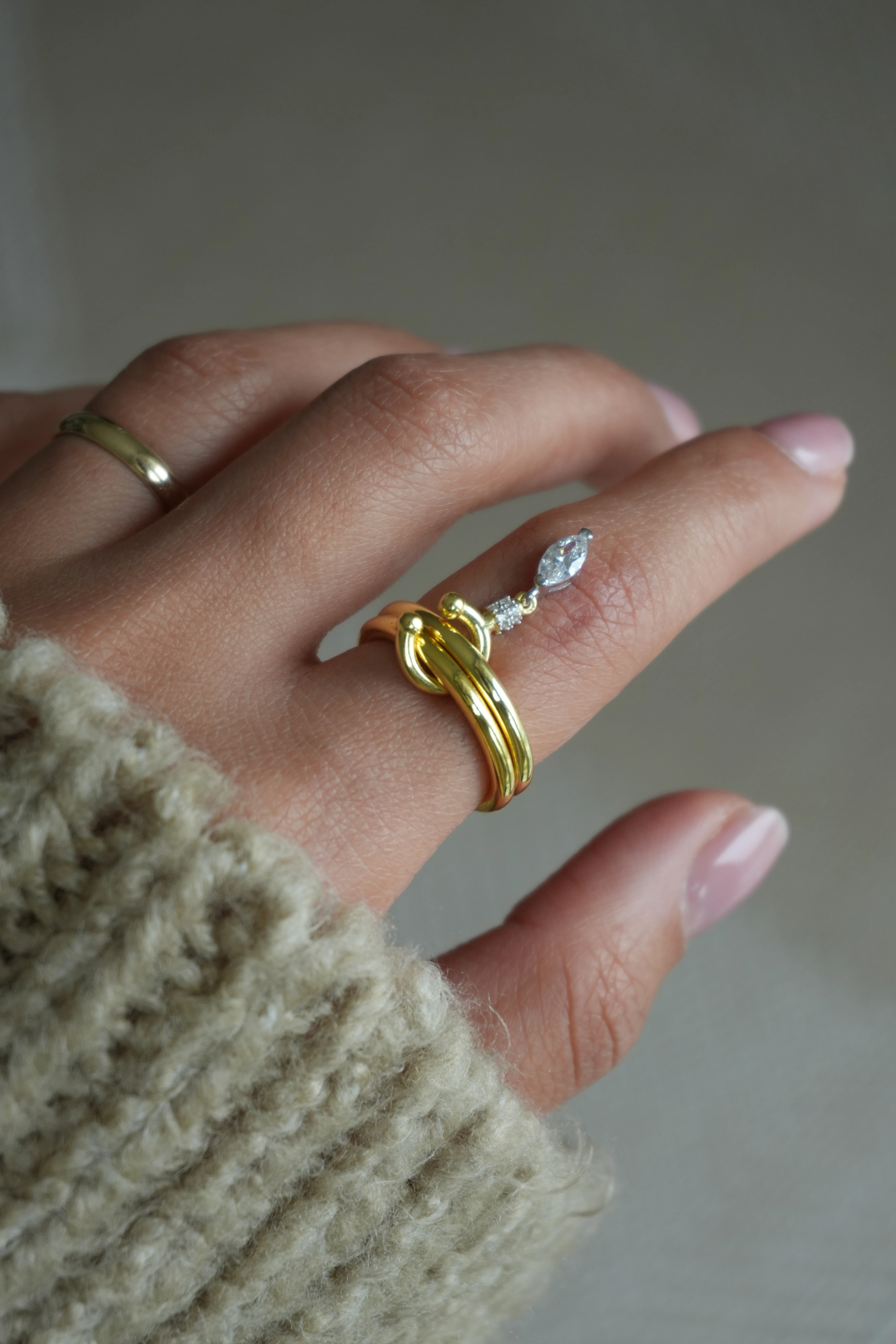 Shine İkili Sarkıntılı Damla Taşlı Yüzük No:3 | 925 Ayar Gümüş