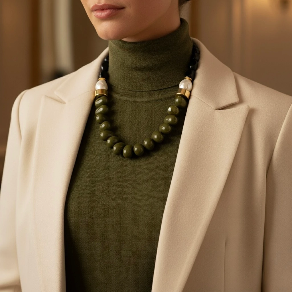 Zeytin Taşı Statement Kolye – Doğal Taş, Büyük Form Tasarım