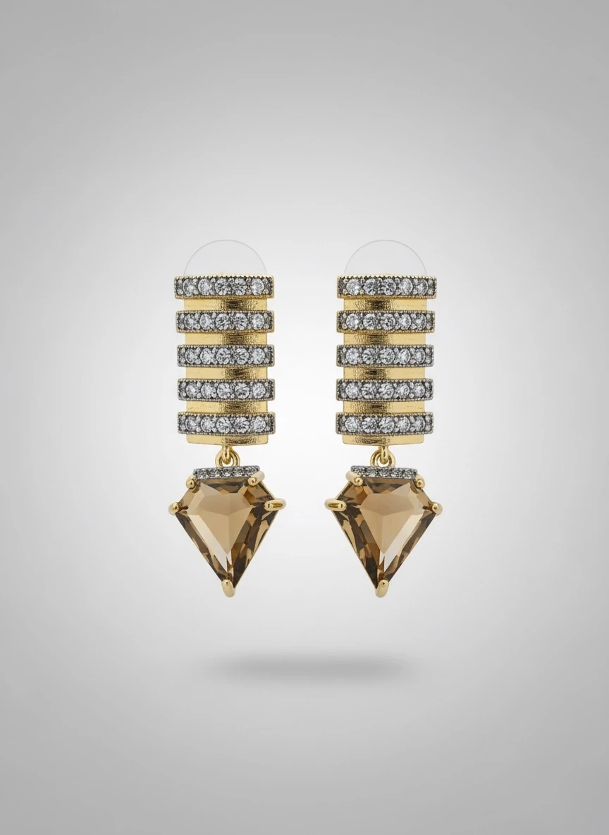 Art Deco Sallantılı Küpe – Katmanlı Tasarım ve Bal Rengi Taş Detaylı