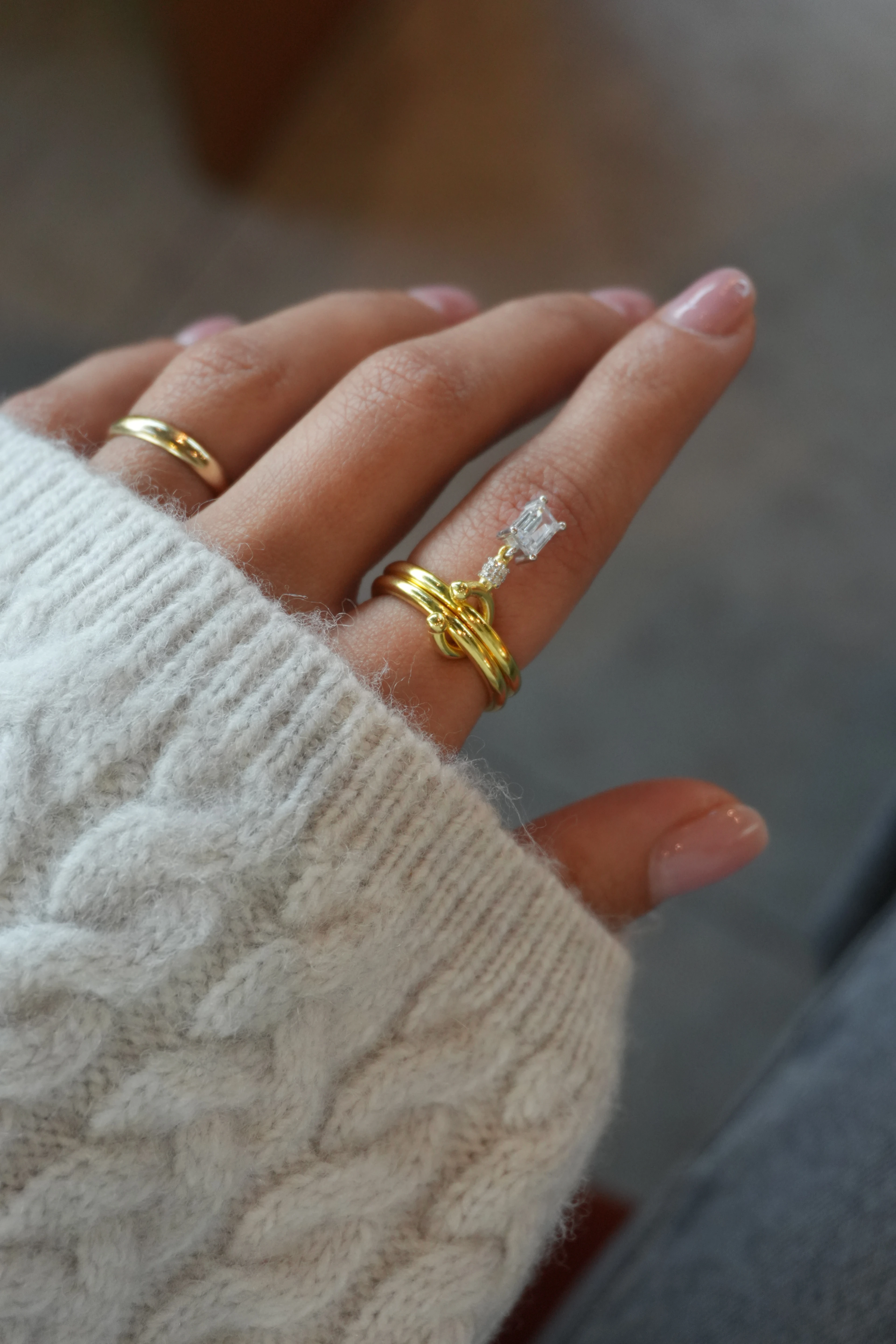 Shine İkili Sarkıntılı Kare Taşlı Yüzük No:2 | 925 Ayar Gümüş