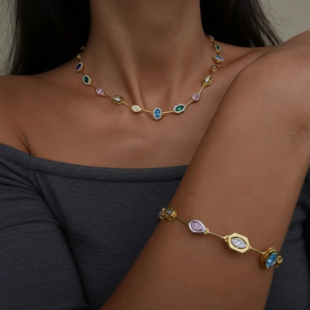 925 Ayar Gümüş Cannes Choker & Bileklik Seti – Altın Sarısı Zincirli, Renkli Taş Detaylı