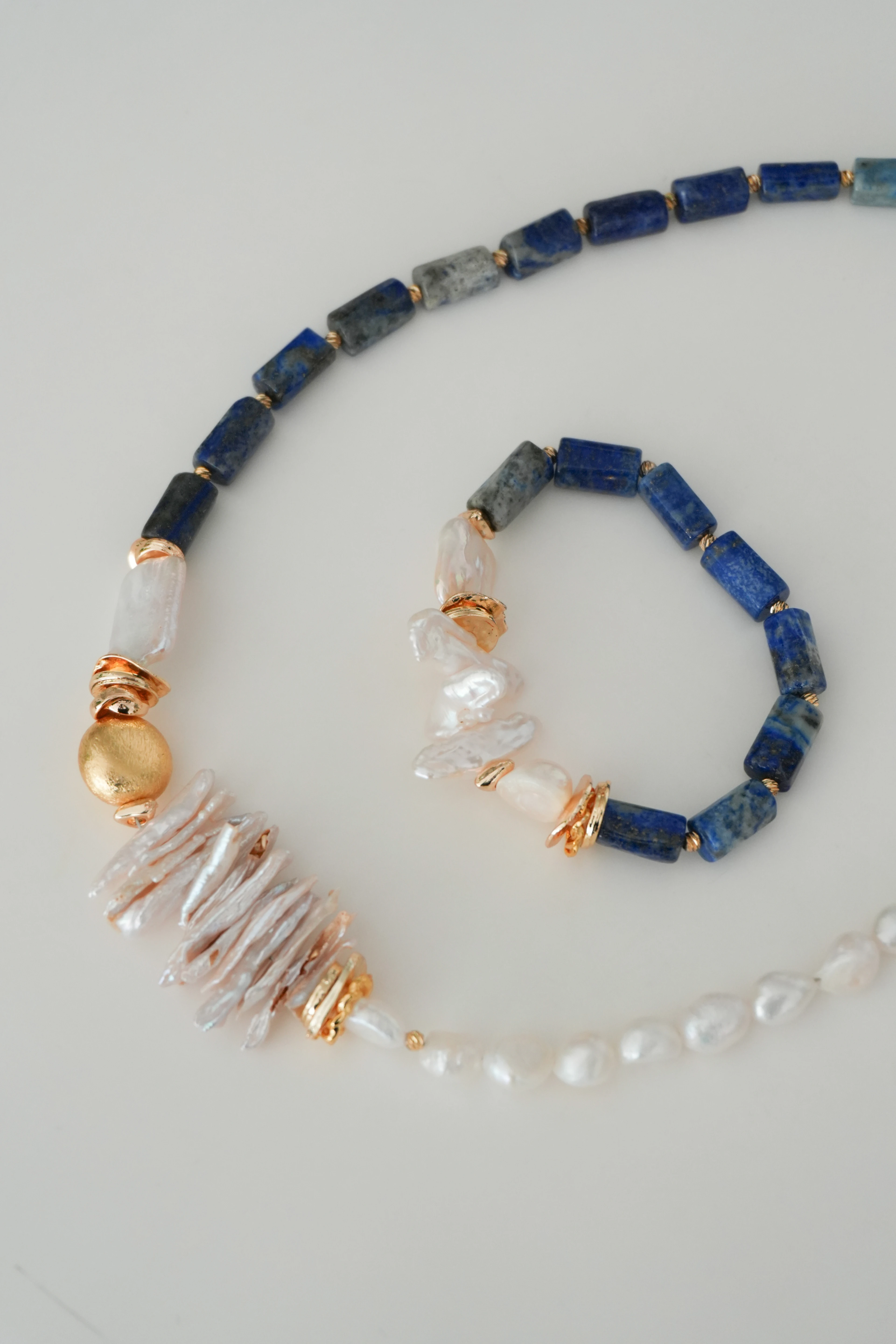 Lapis Lazuli Doğal Taş İnci Kolye Bileklik Set
