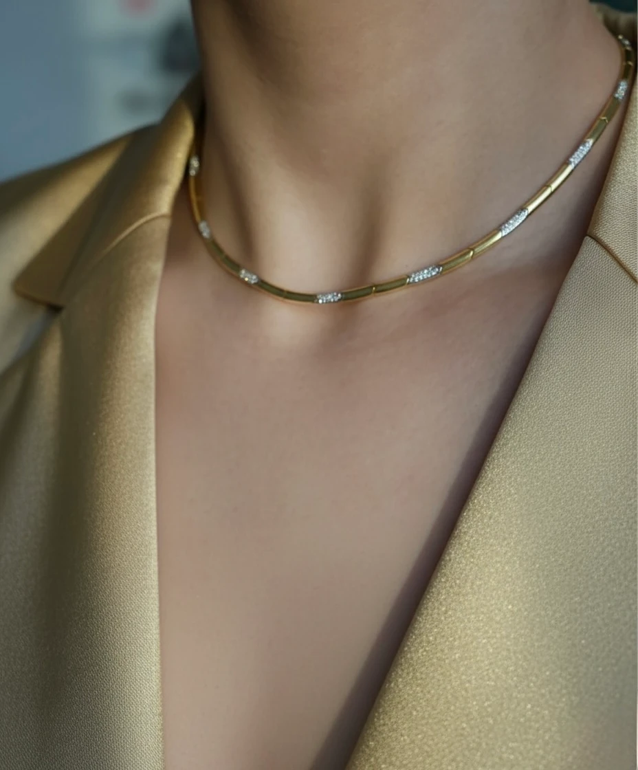 925 Ayar Gümüş Pırlanta Montür Sıralı Kolye – Altın Sarısı