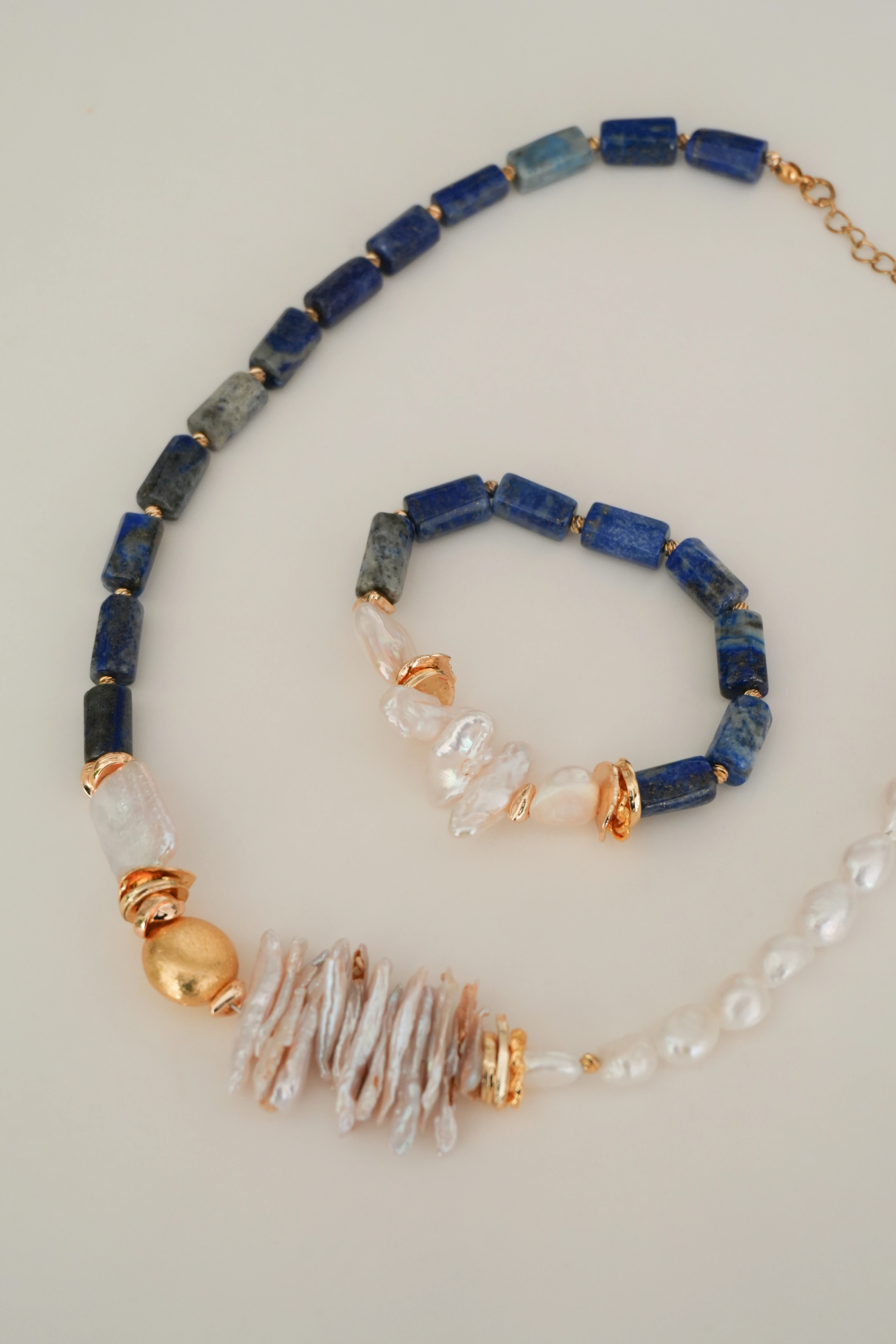 Lapis Lazuli Doğal Taş İnci Kolye Bileklik Set