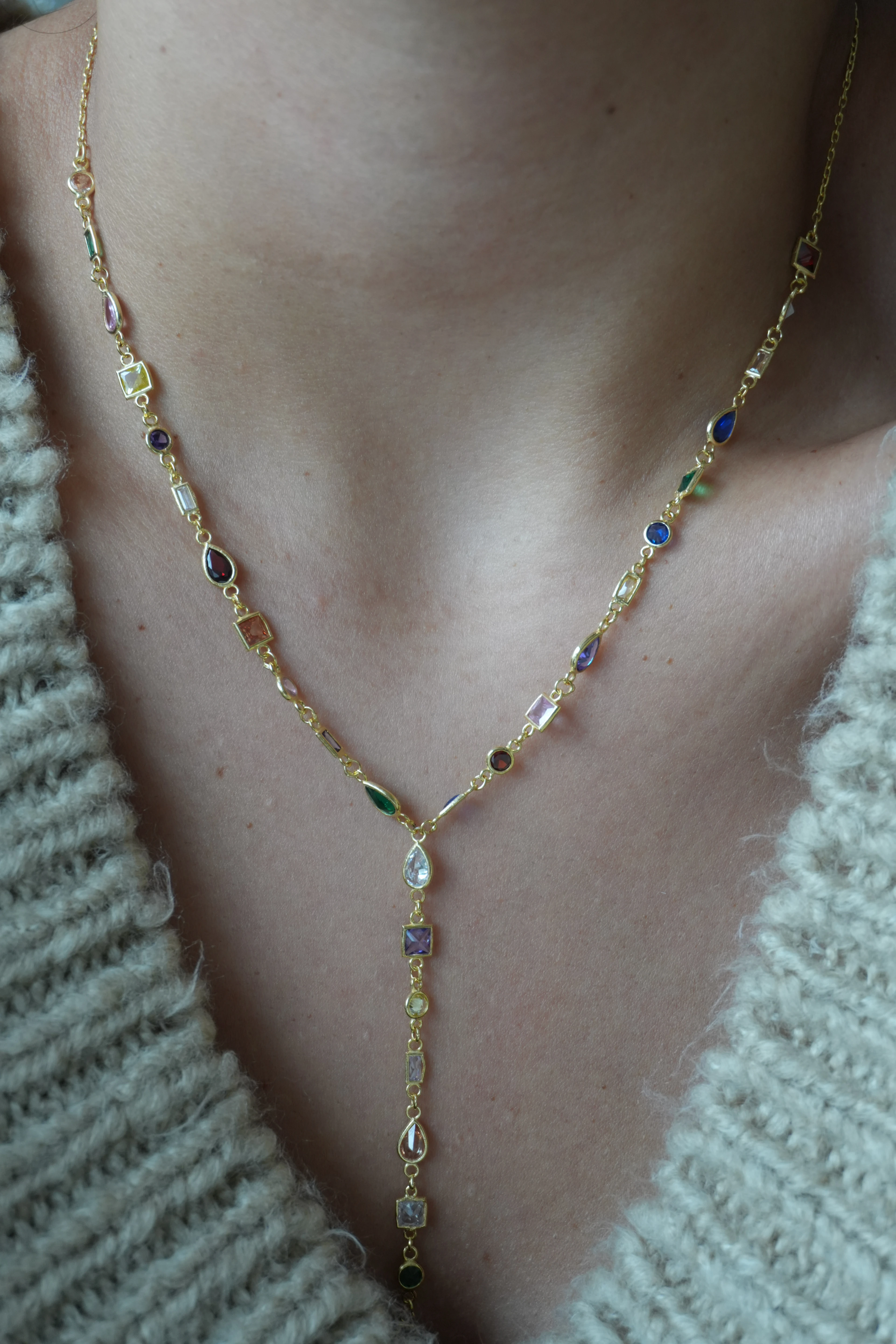 Renkli Asimetrik Taşlı Y Kolye | 925 Ayar Gümüş