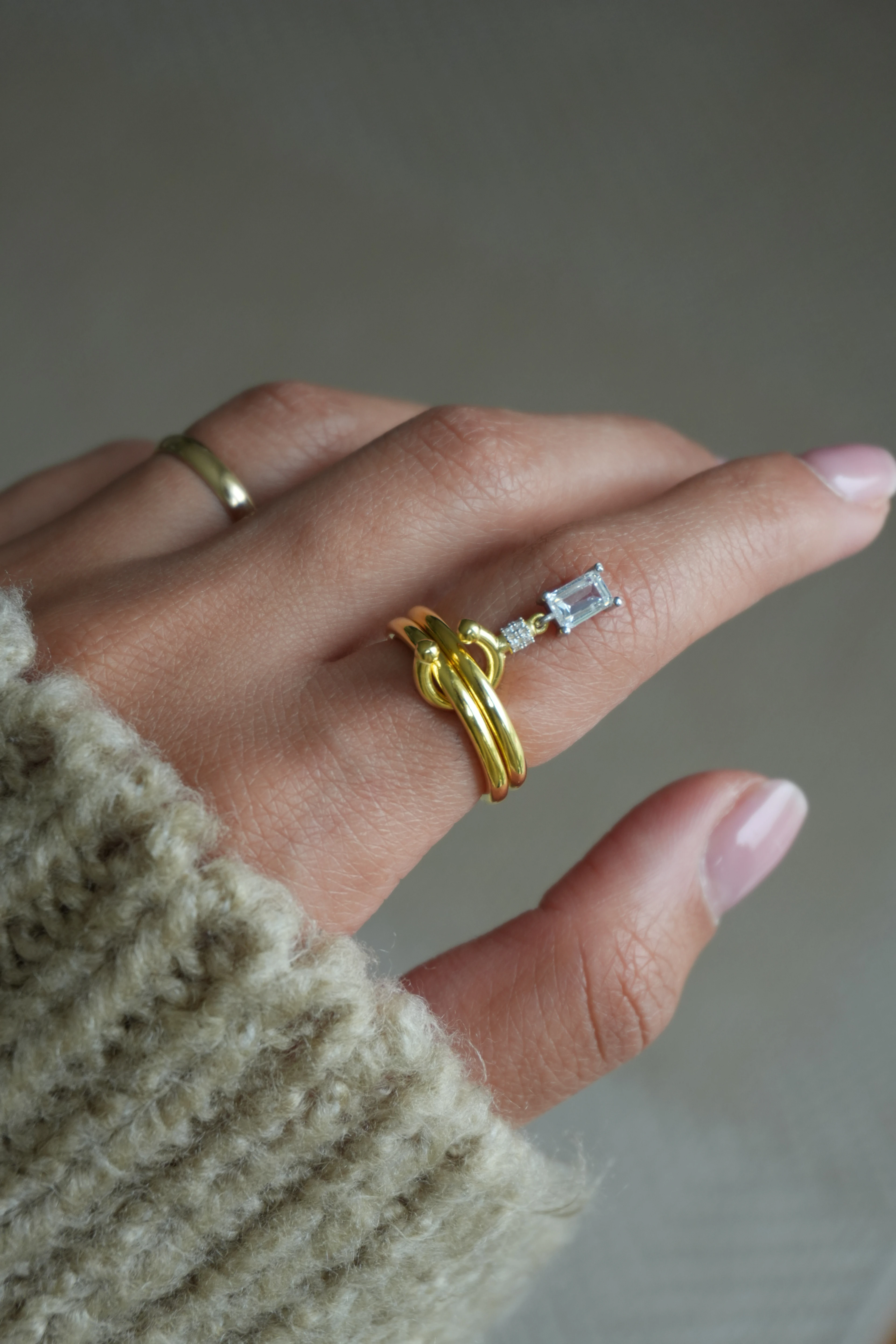 Shine İkili Sarkıntılı Kare Taşlı Yüzük No:2 | 925 Ayar Gümüş