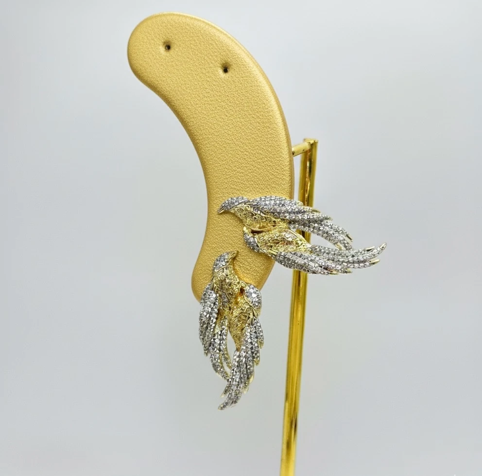 Taşlı Anka Kuşu Küpe – Altın Gövde, Altın & Gümüş Taş Detaylı