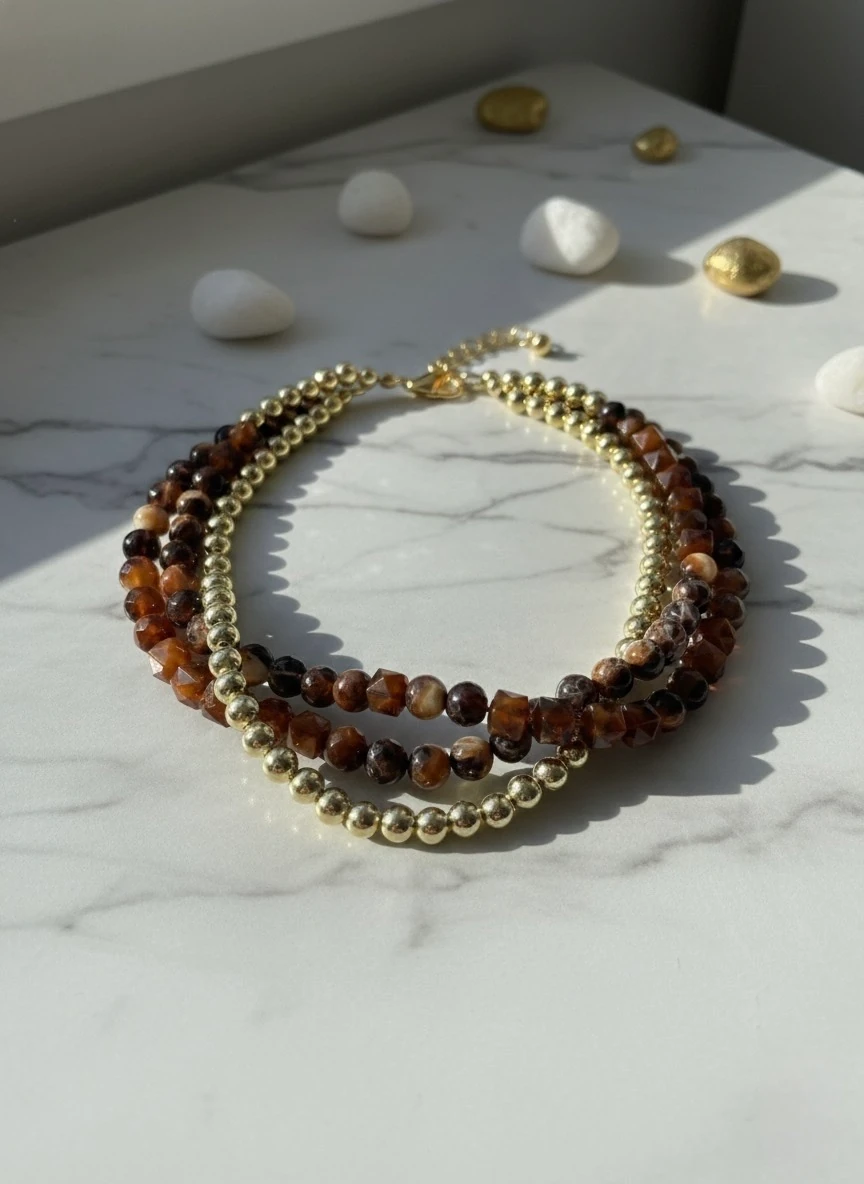Amber Statement Layer Kolye – Üç Sıra Katmanlı Doğal Taş Tasarım