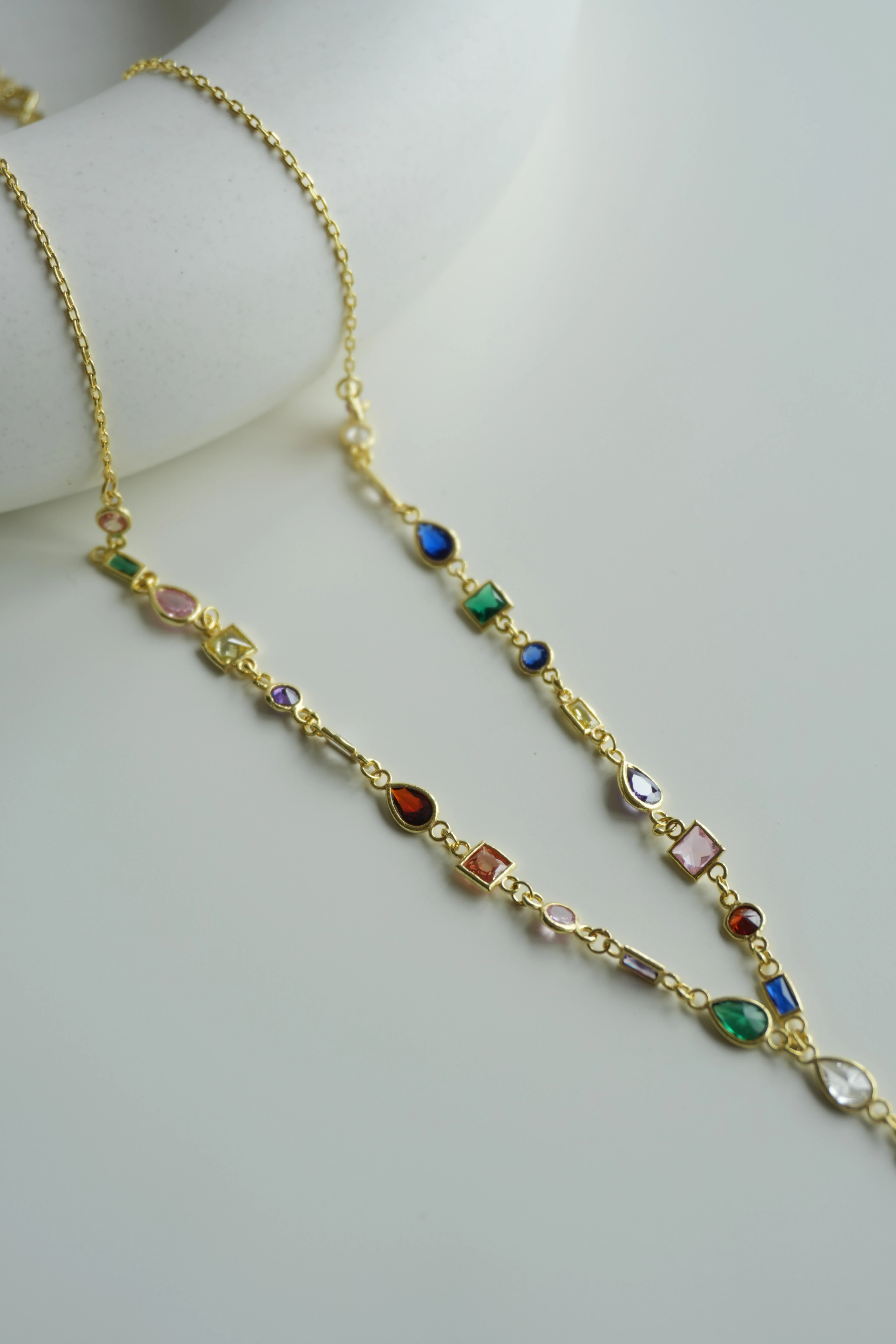 Renkli Asimetrik Taşlı Y Kolye | 925 Ayar Gümüş