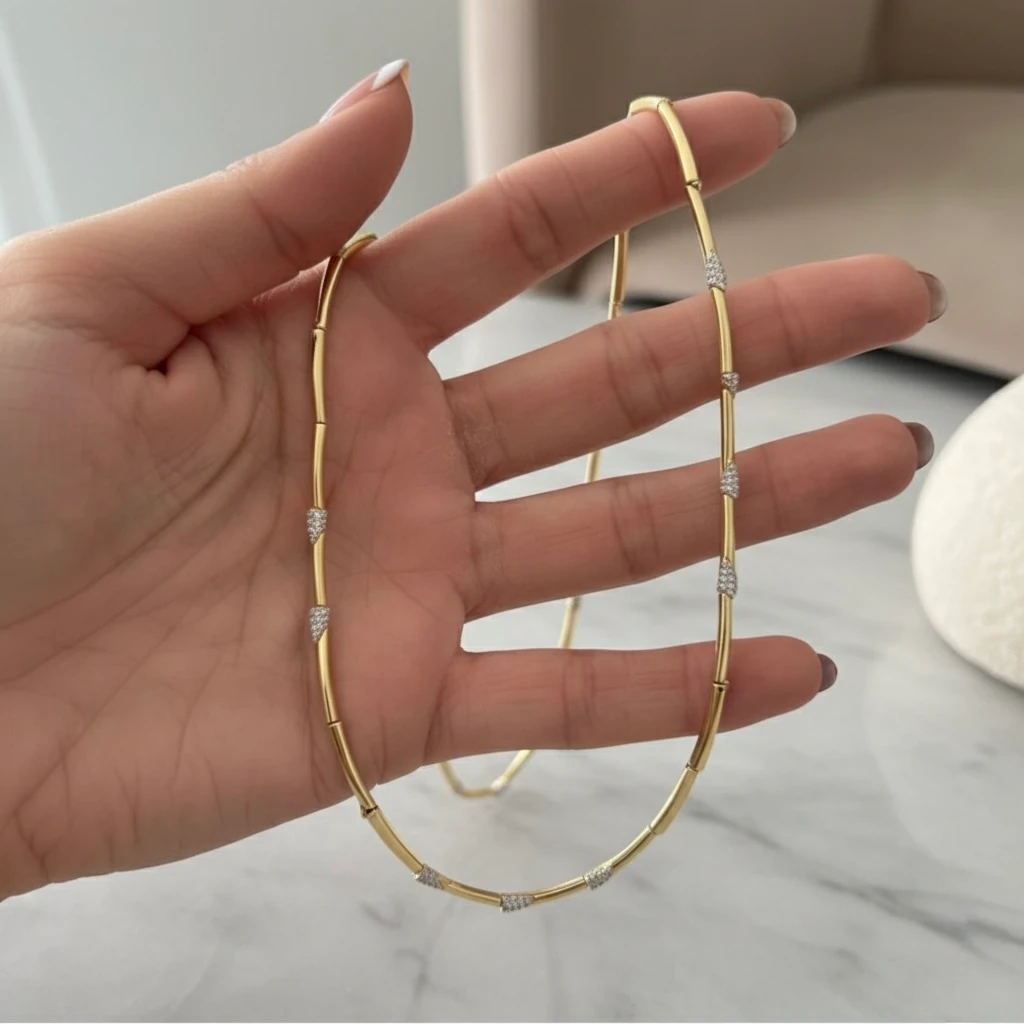 925 Ayar Gümüş Pırlanta Montür Sıralı Kolye – Altın Sarısı