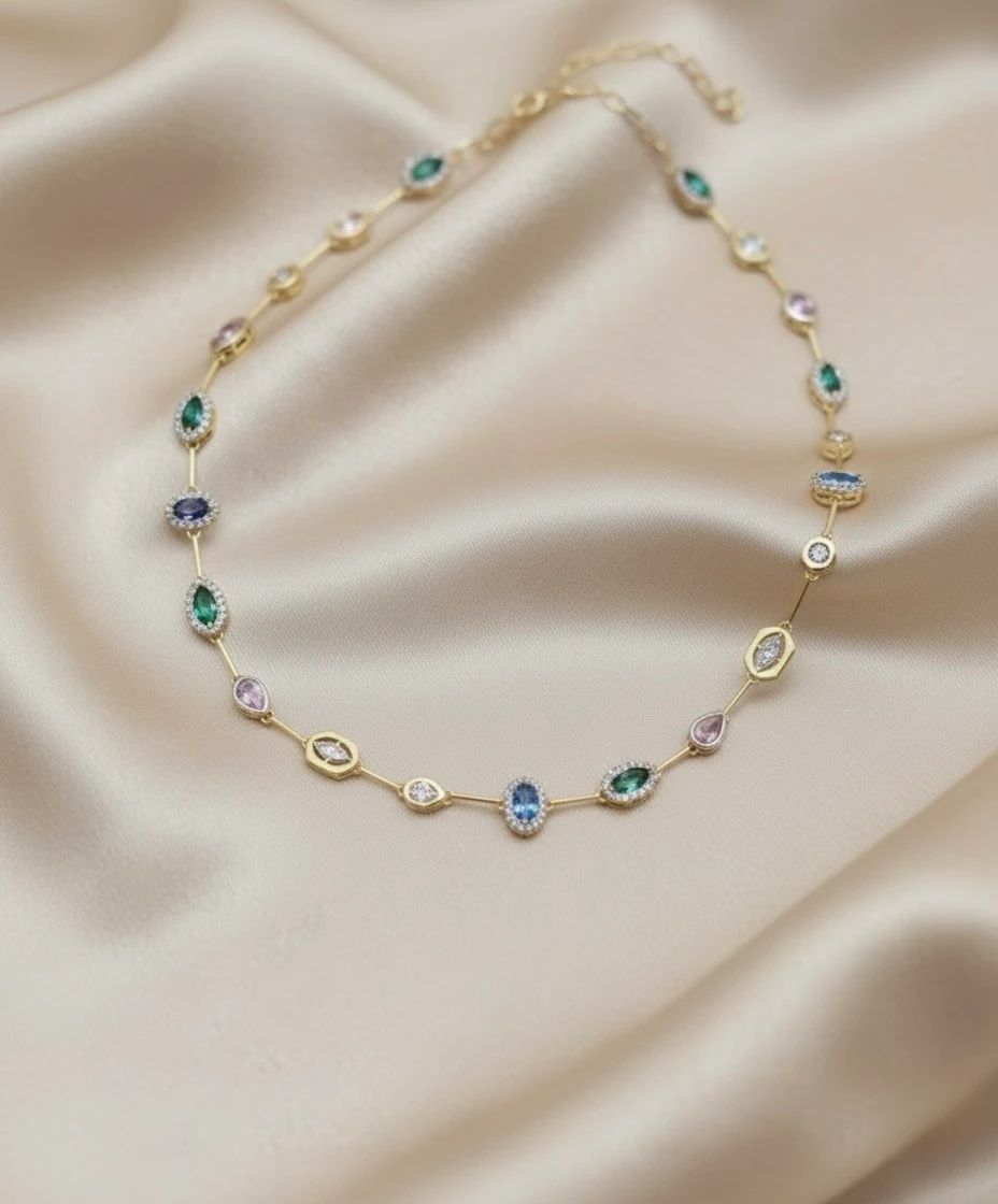 925 Ayar Gümüş Cannes Choker & Bileklik Seti – Altın Sarısı Zincirli, Renkli Taş Detaylı