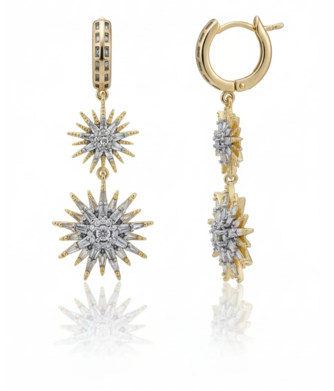 Çift Yıldız Sallantılı Taşlı Altın Renk Küpe – Işıltılı Zarif Tasarım