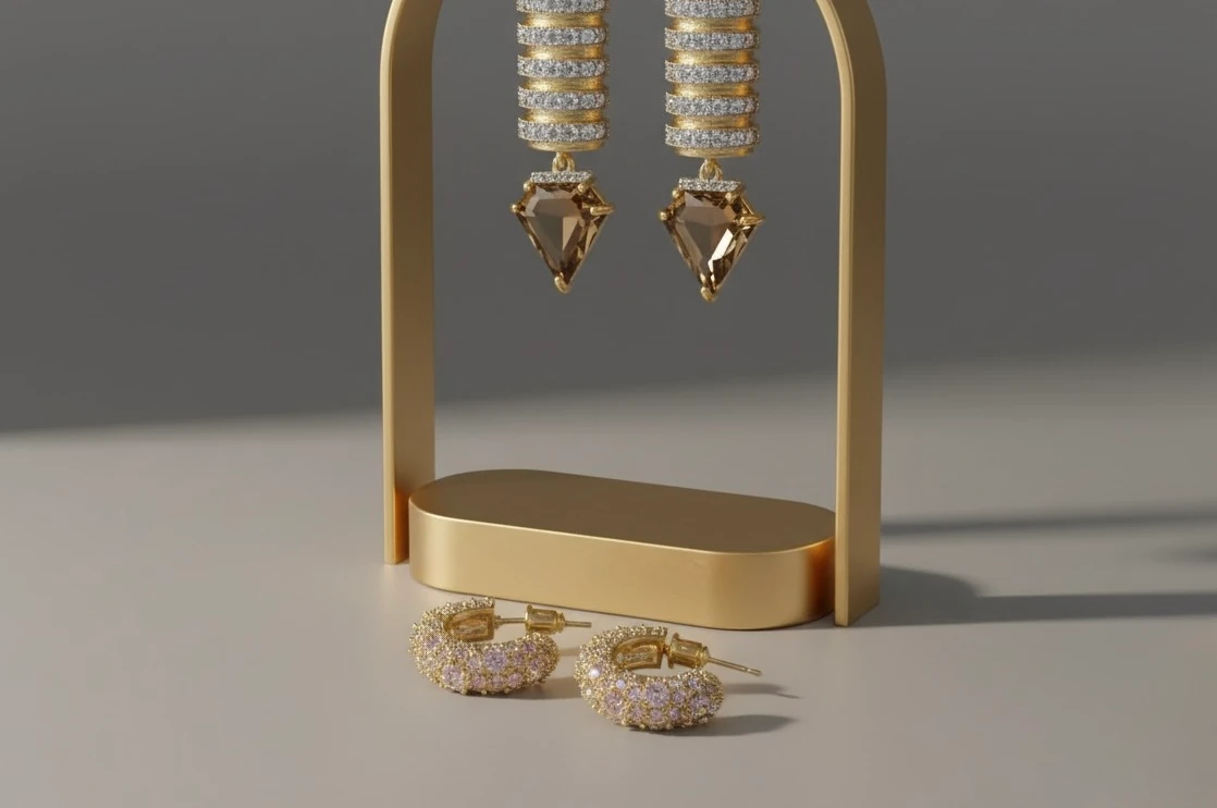 Art Deco Sallantılı Küpe – Katmanlı Tasarım ve Bal Rengi Taş Detaylı