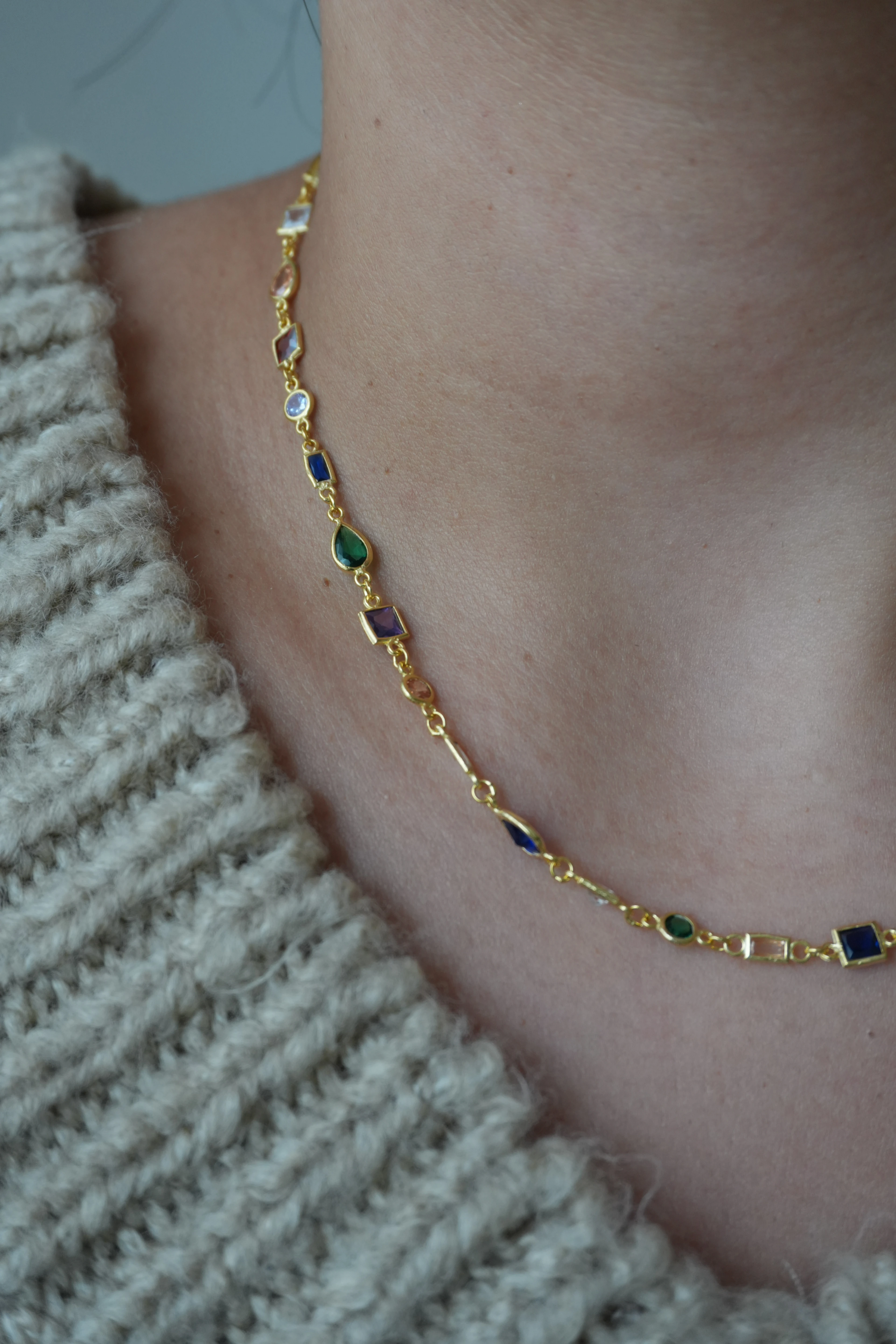 Renkli Asimetrik Taşlı Kolye | 925 Ayar Gümüş