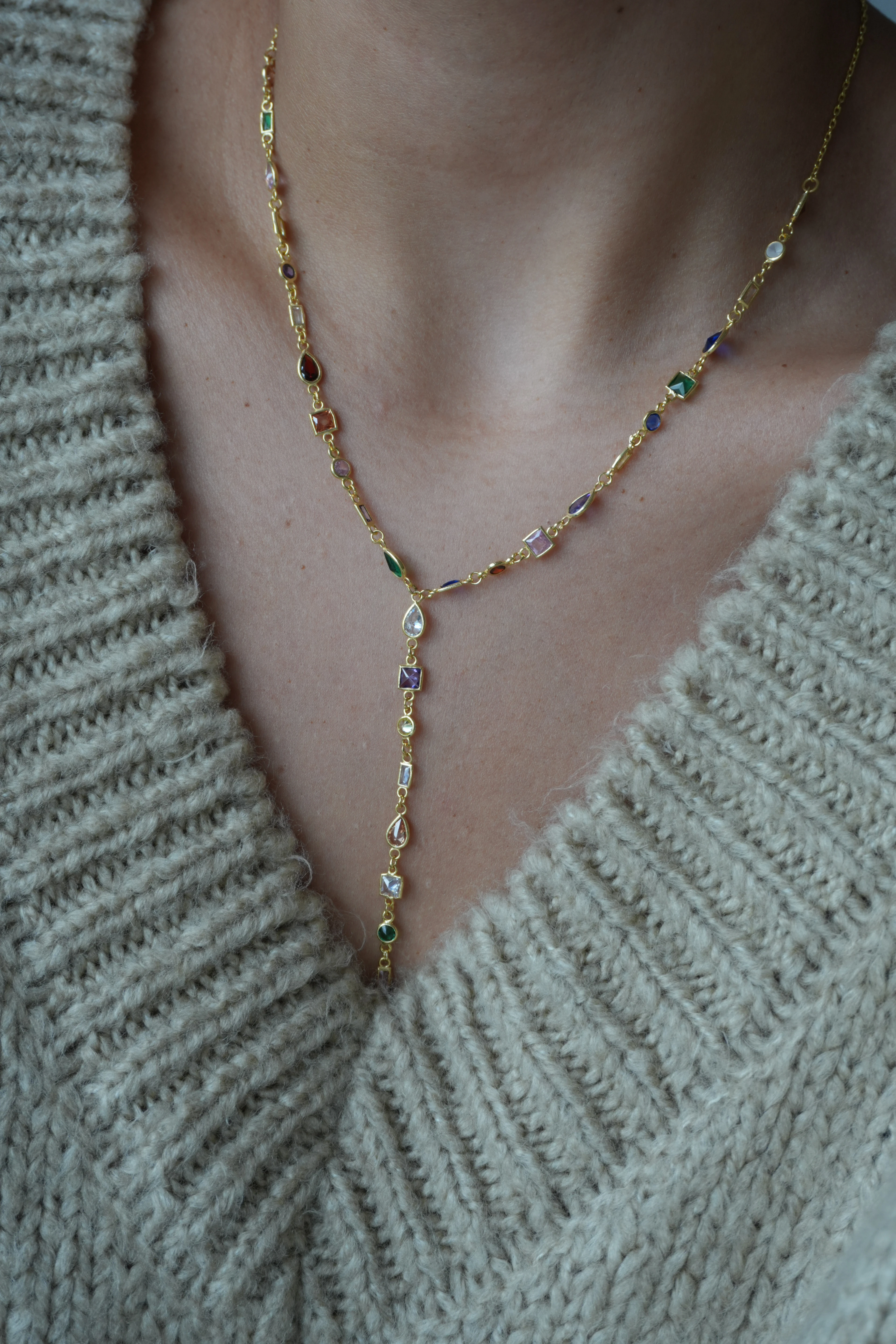 Renkli Asimetrik Taşlı Y Kolye | 925 Ayar Gümüş