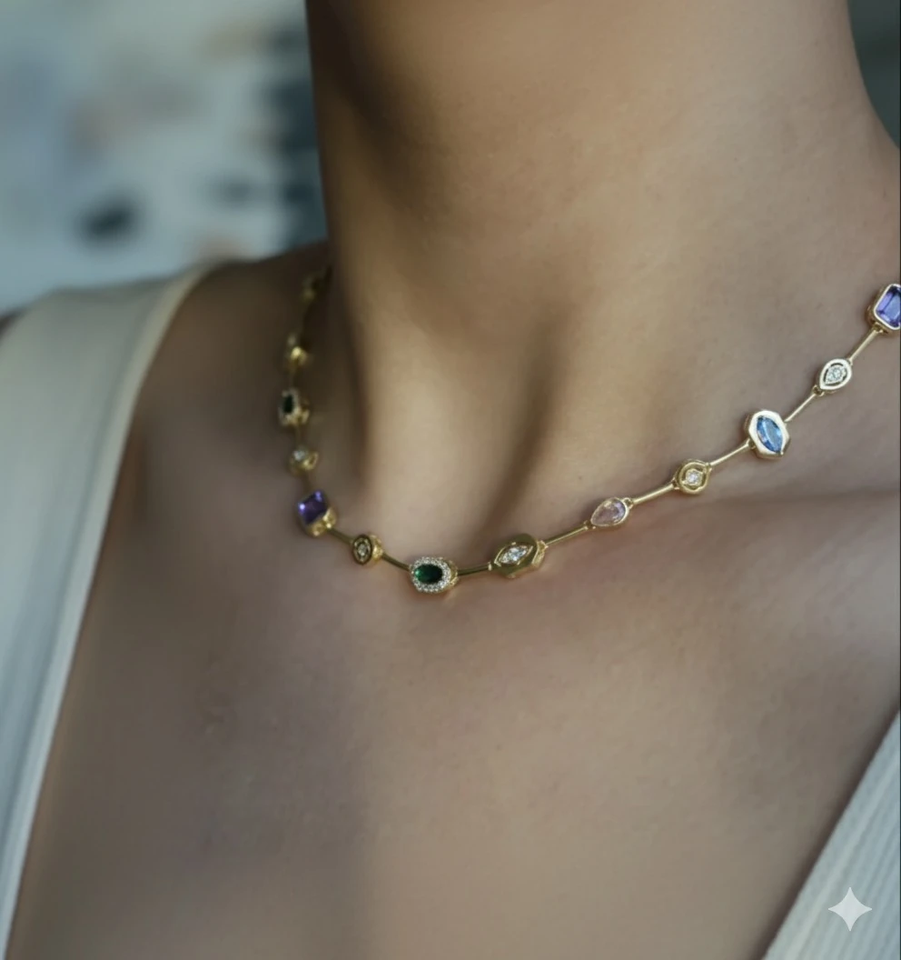 925 Ayar Gümüş Cannes Choker & Bileklik Seti – Altın Sarısı Zincirli, Renkli Taş Detaylı