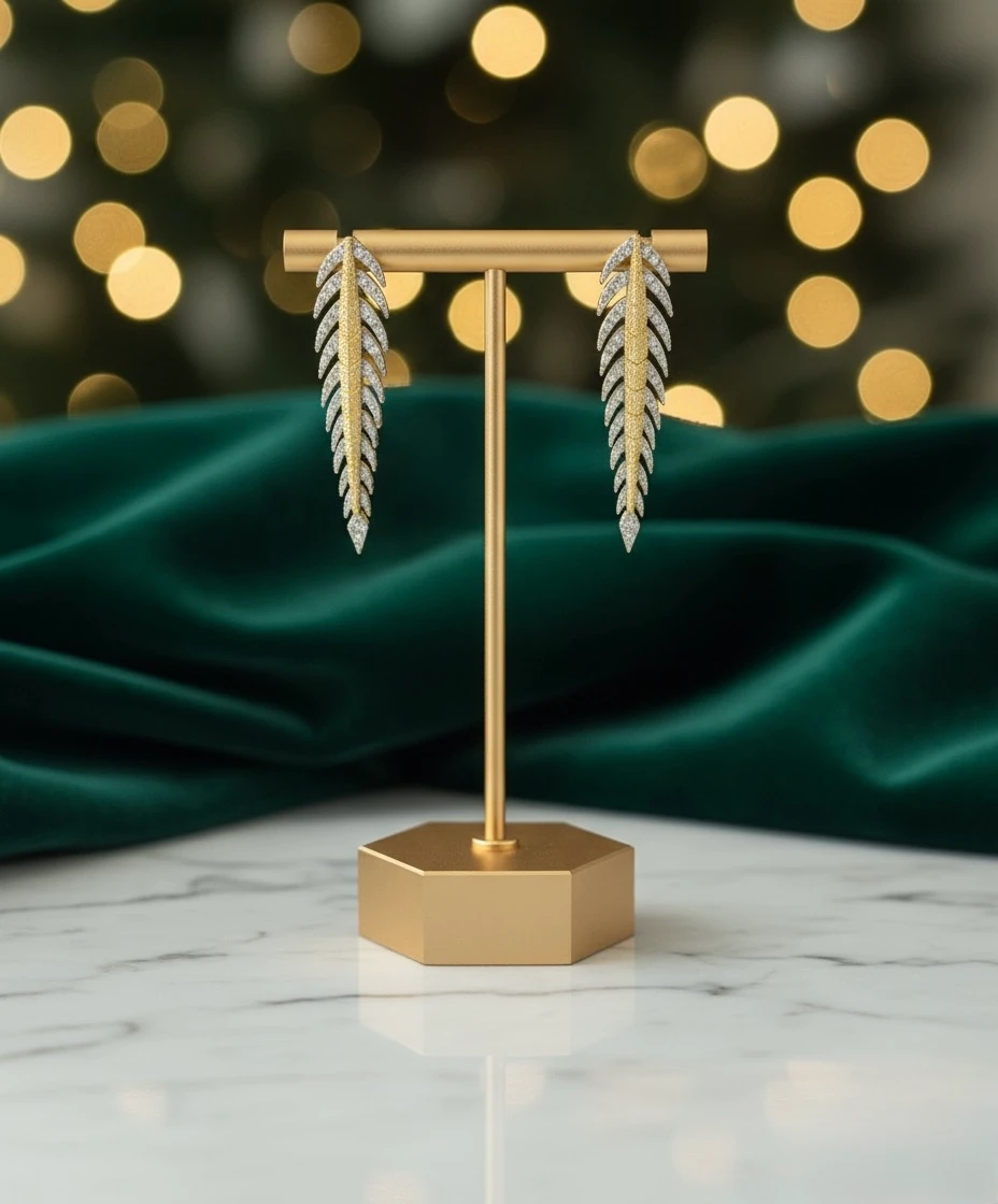 Taşlı Yaprak Model Altın Renk Küpe – Zirkon Taşlı Zarif Tasarım