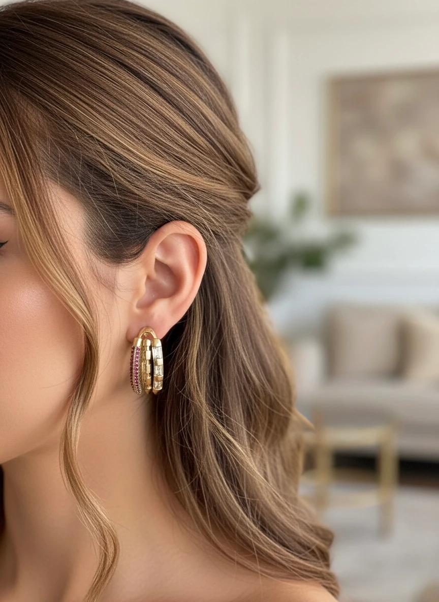 Üç Sıralı Baget Taşlı Halka Küpe – Beyaz & Pembe Taşlı, Işıltılı Altın Ton