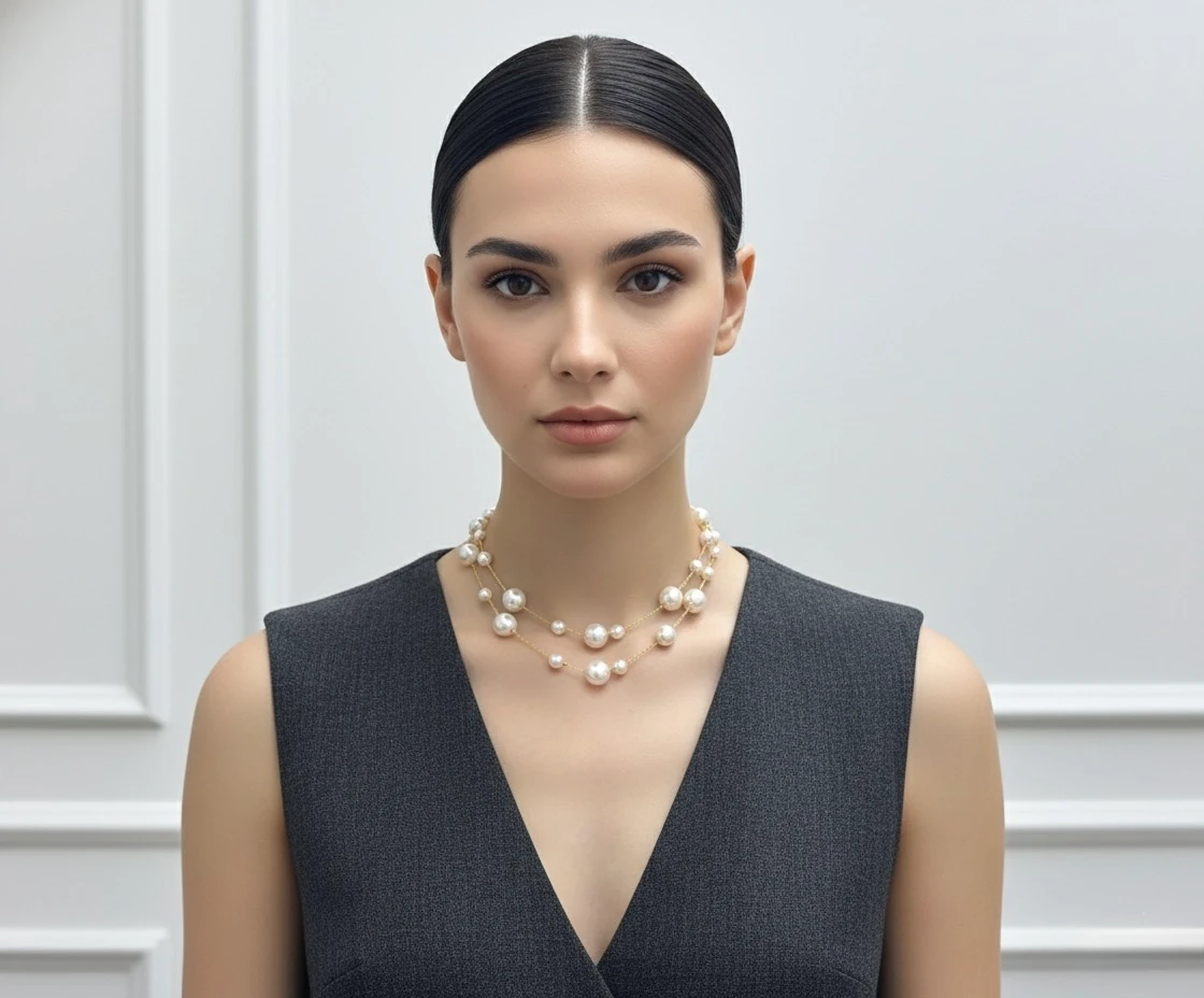 Misty İki Katlı İnci Kolye – Altın Sarısı Zincirli, Zarif Tasarım