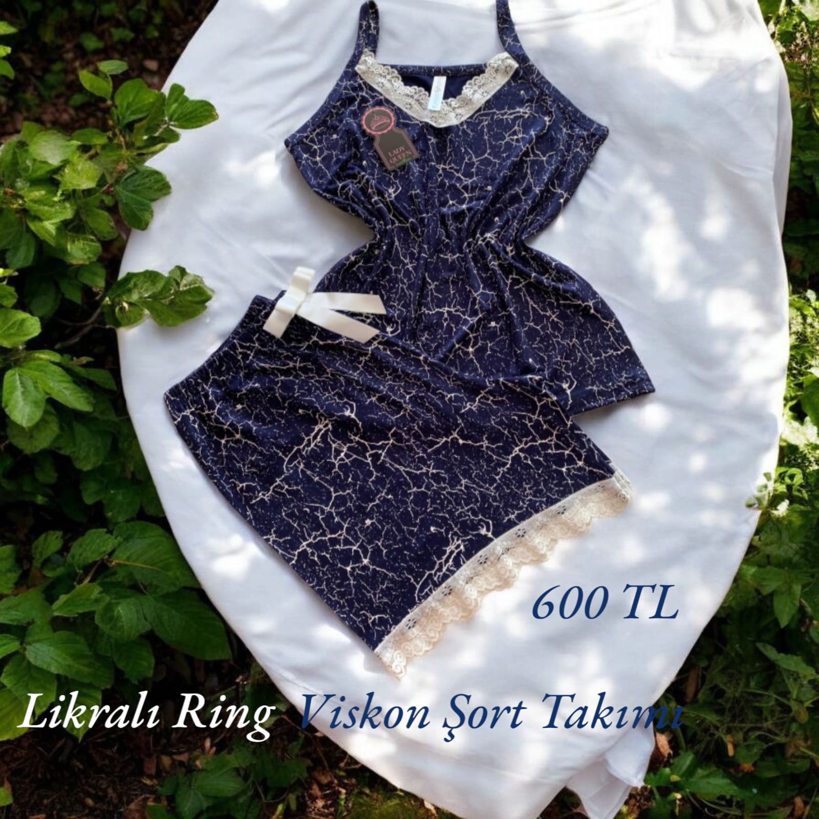 Likralı Ring Viskon Pijama Şort Takımı Mozaik Mavi 6016