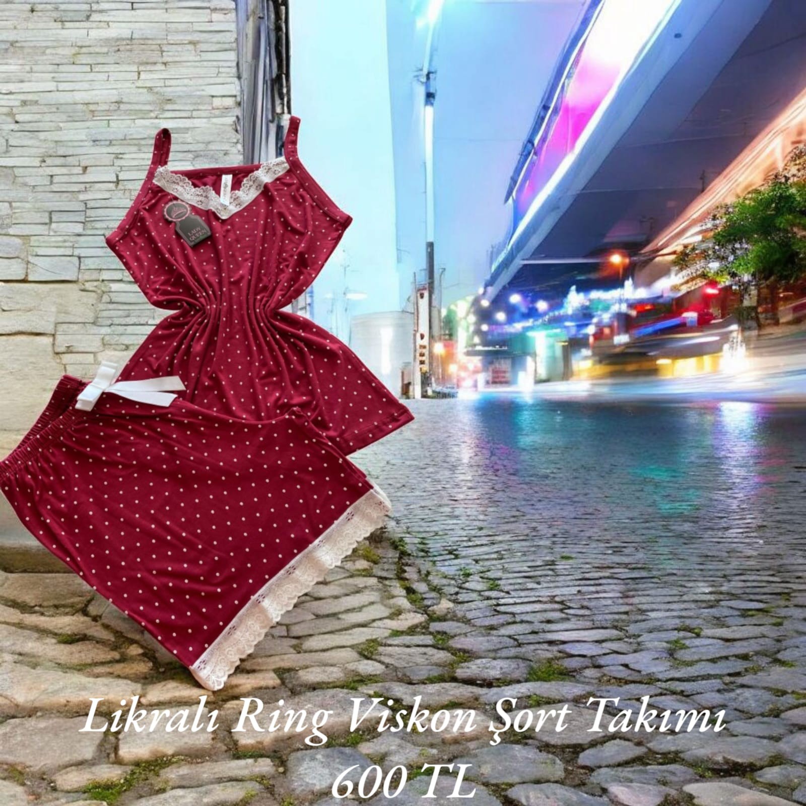 Likralı Ring Viskon Pijama Şort Takımı Puanlı Kırmızı 6016