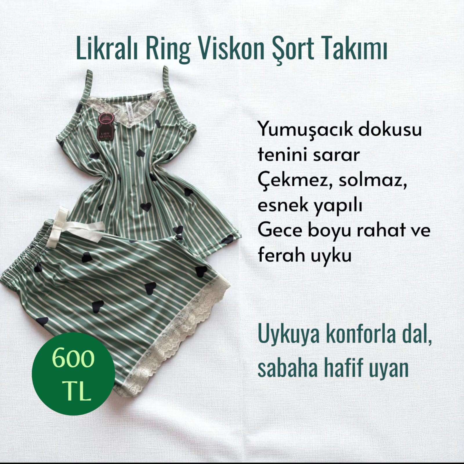 İthal Milan Dantelli Pijama Şort Takımı Çizgili Kalpli Yeşil 6008