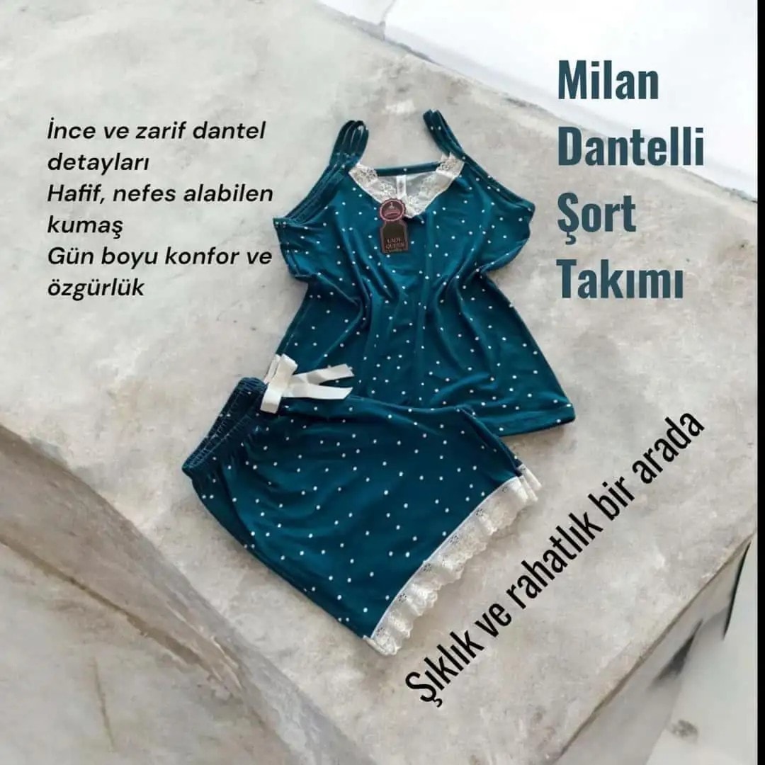İthal Milan Dantelli Pijama Şort Takımı Puanlı Koyu Yeşil 6008