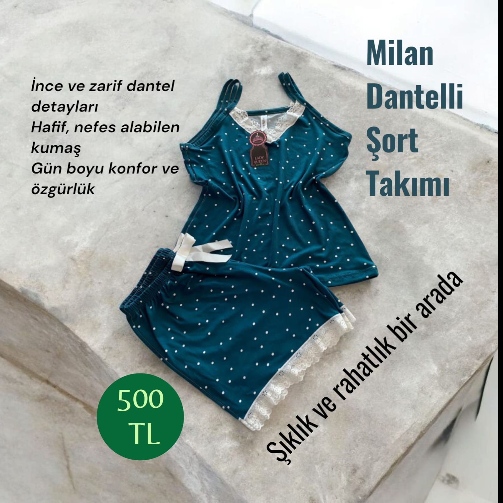 İthal Milan Dantelli Pijama Şort Takımı Puanlı Koyu Yeşil 6008