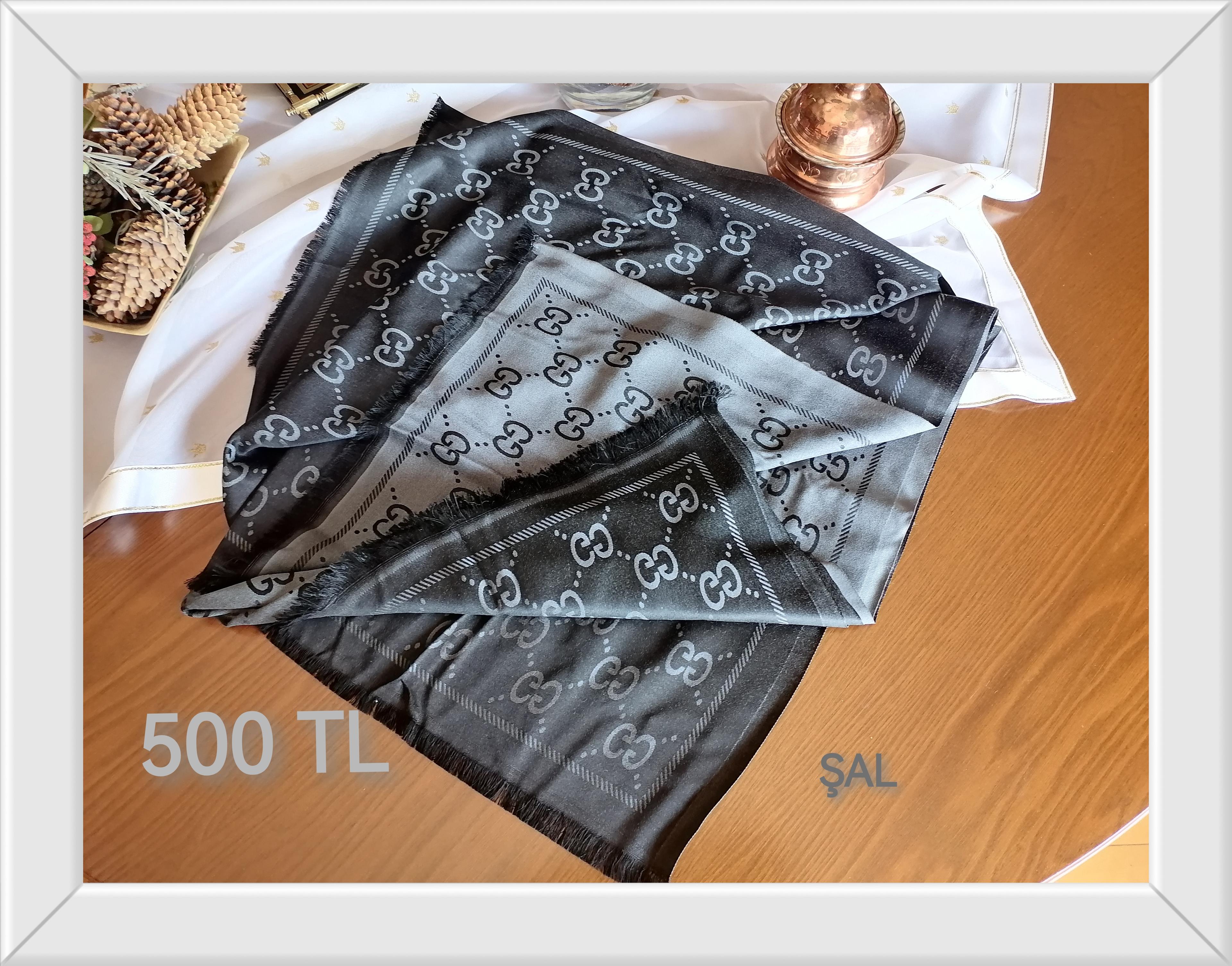 Çift Taraflı Kaşmir İpek Şal Gri-Siyah GC Yazılı çM