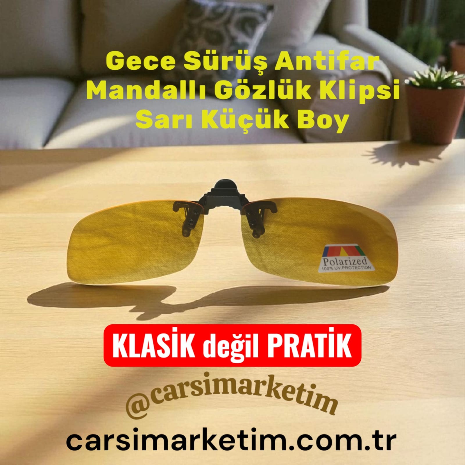 Antifar Gece Sürüş Mandallı Gözlük Klipsi - Sarı Küçük Boy