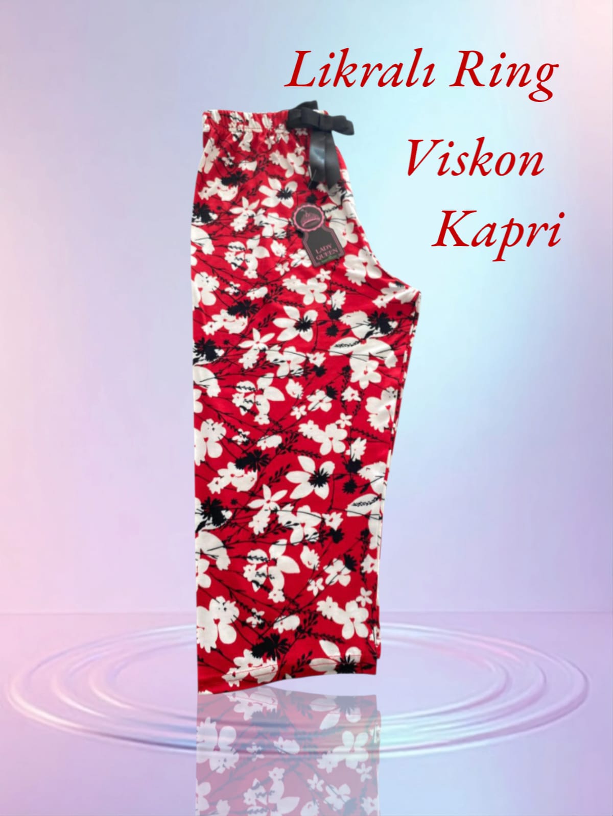 Likralı Ring Viskon Pijama Kapri Beyaz Çiçekli Kırmızı 6014