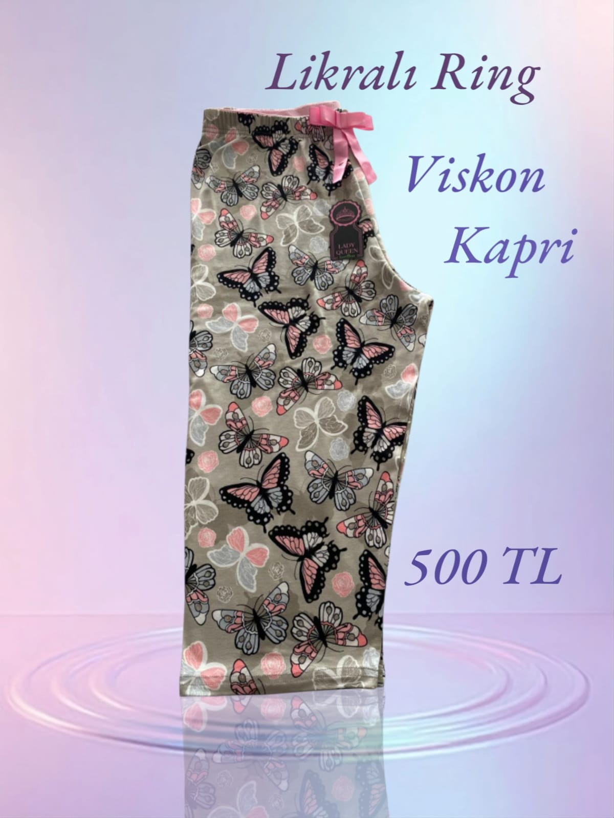 Likralı Ring Viskon Pijama Kapri Kelebekli Parlak Gri 6014