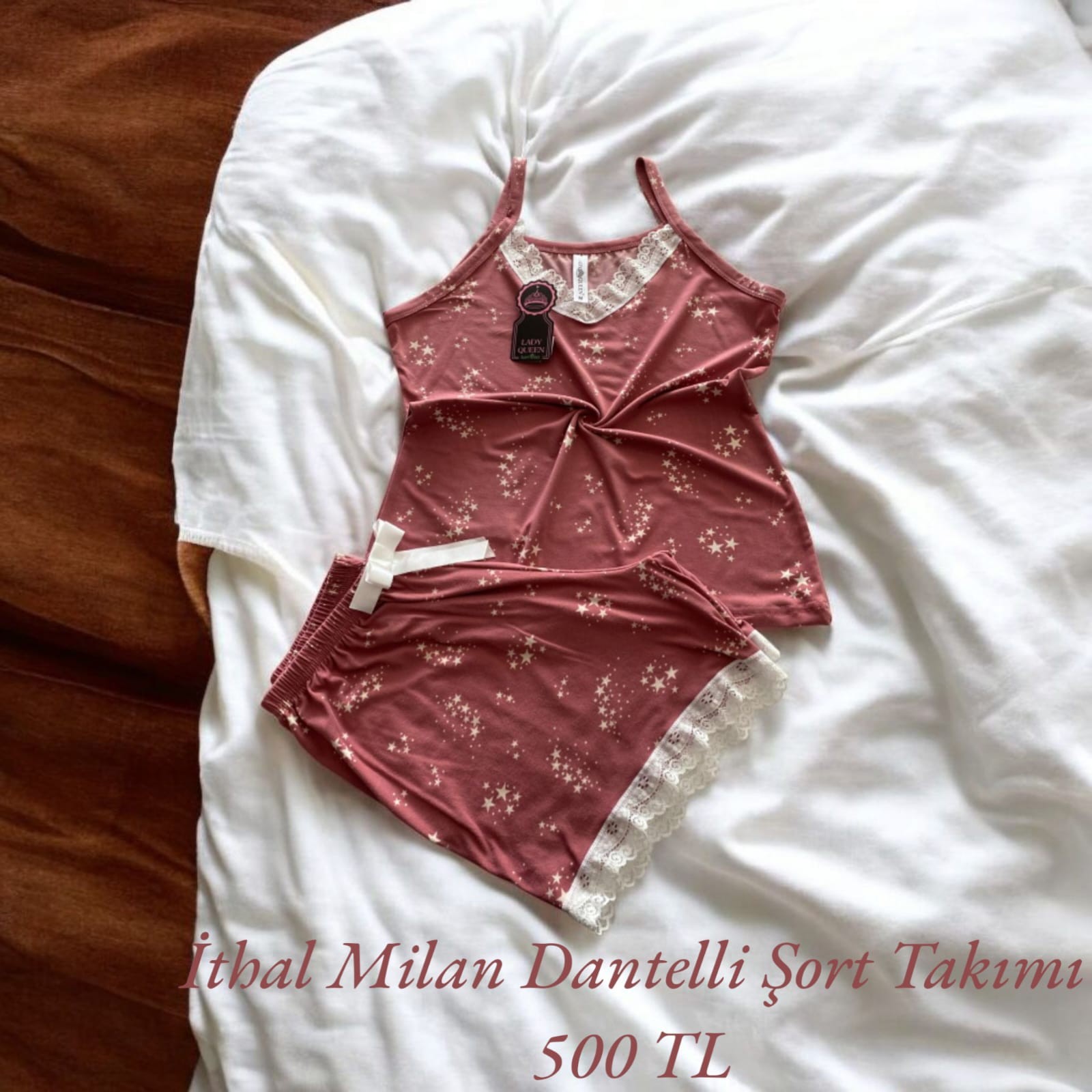 İthal Milan Dantelli Pijama Şort Takımı Yıldız Adası Pembe 6008