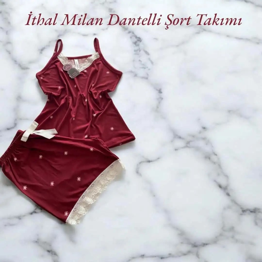 İthal Milan Dantelli Pijama Şort Takımı İz Yıldız Kırmızı 6008