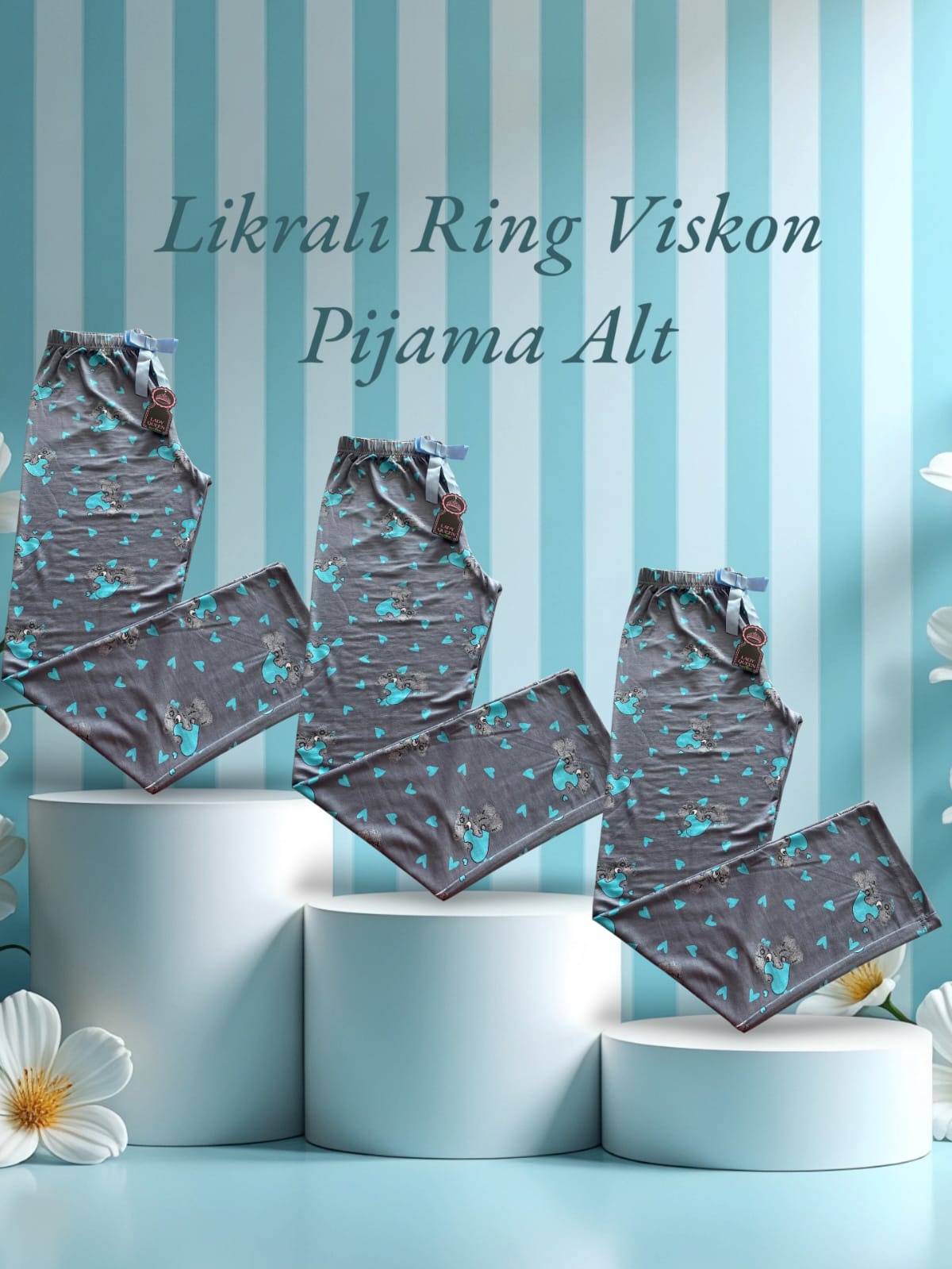 Likralı Ring Viskon Pijama Alt Ayıcık Gri 6018