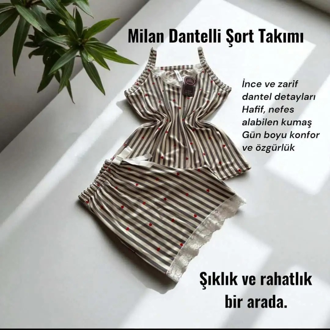 İthal Milan Dantelli Pijama Şort Takımı Çizgili Kalpli Gri 6008