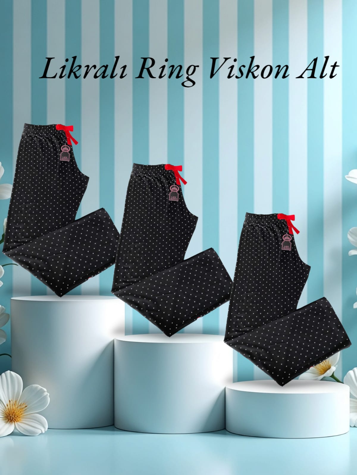 Likralı Ring Viskon Pijama Alt Puanlı Siyah 6018