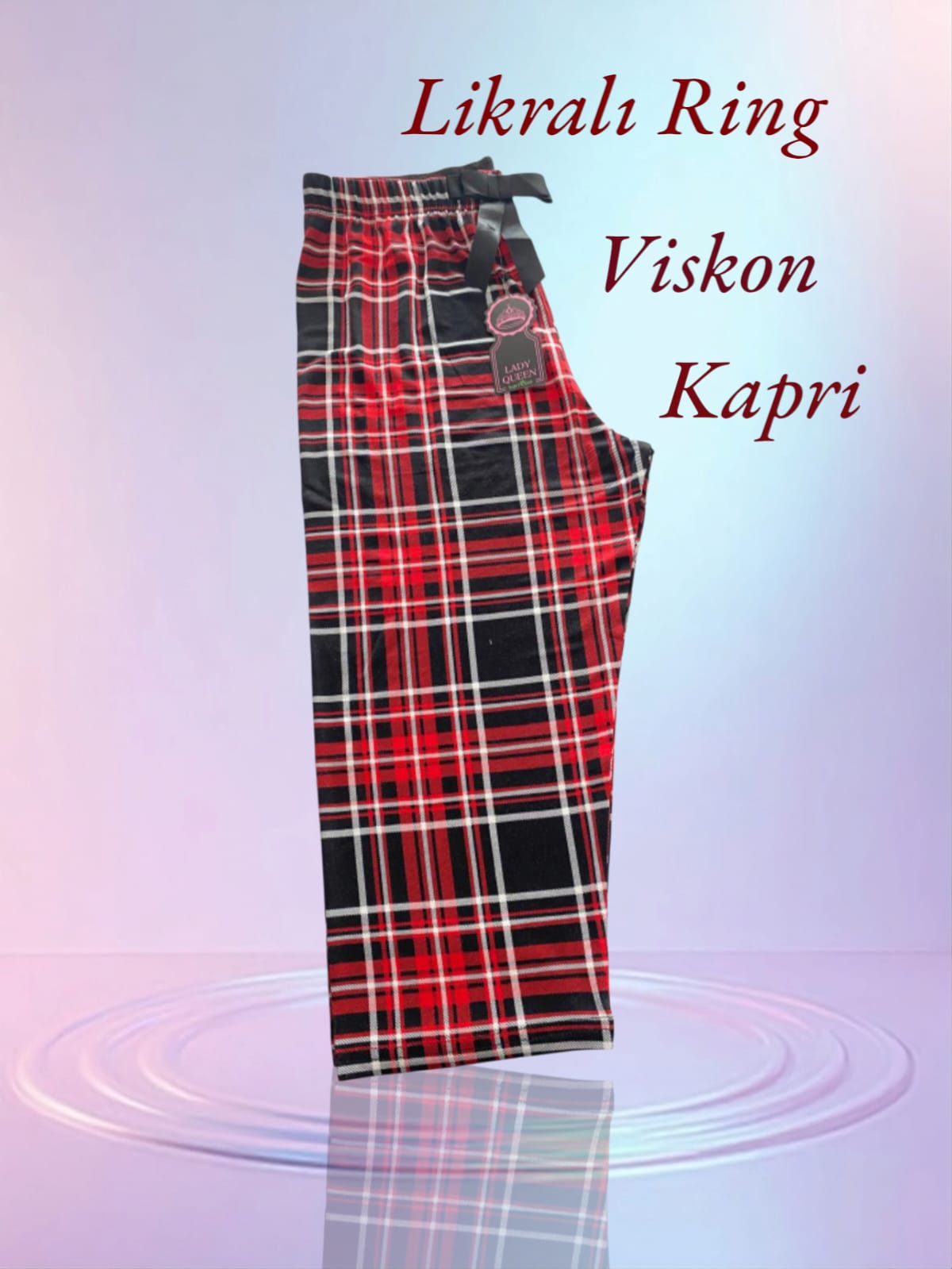 Likralı Ring Viskon Pijama Kapri Geniş Kareli Siyah Zemin Kırmızı Çizgili 6014