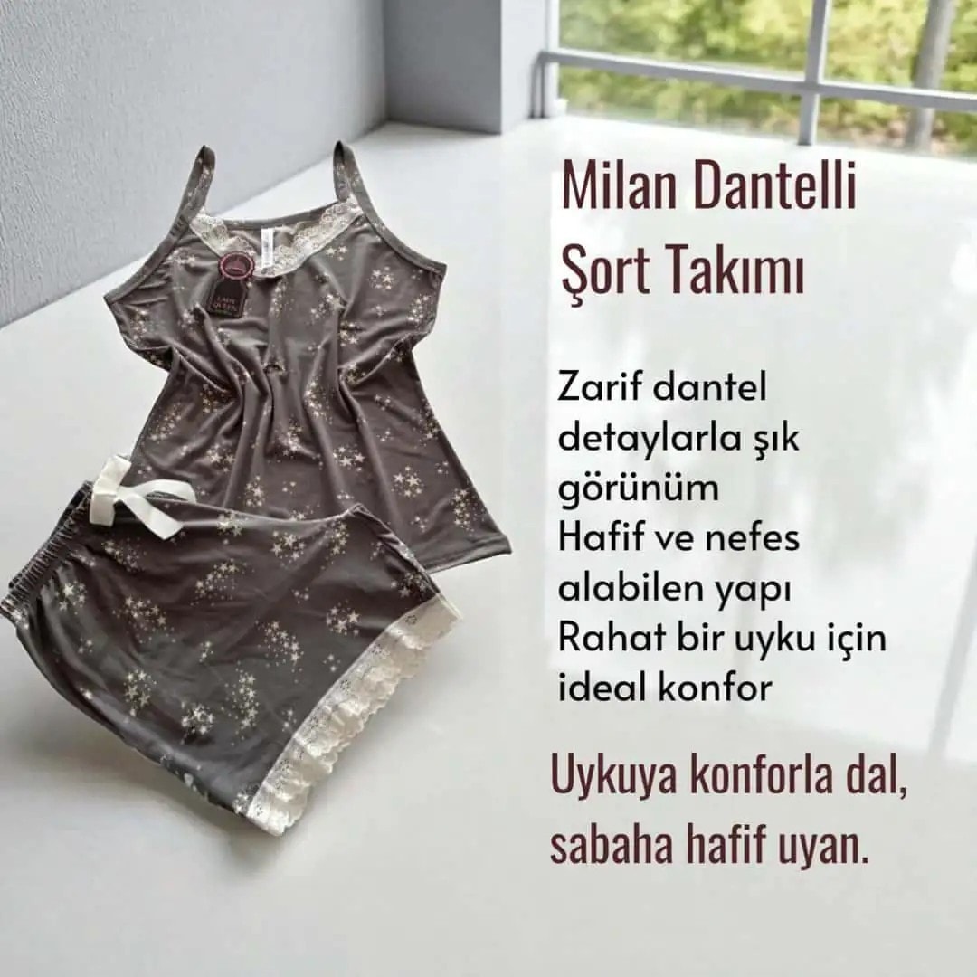 İthal Milan Dantelli Pijama Şort Takımı Yıldız Adası Gri 6008