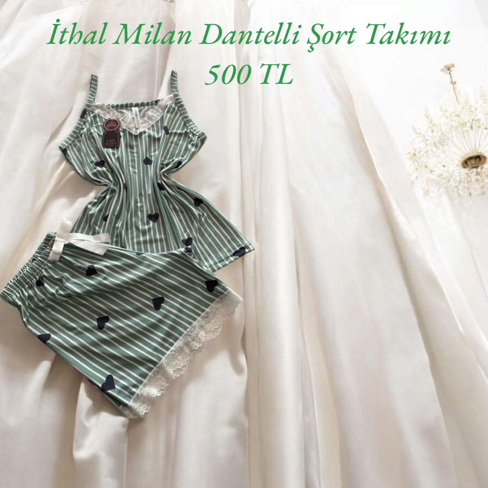 İthal Milan Dantelli Pijama Şort Takımı Çizgili Kalpli Yeşil 6008